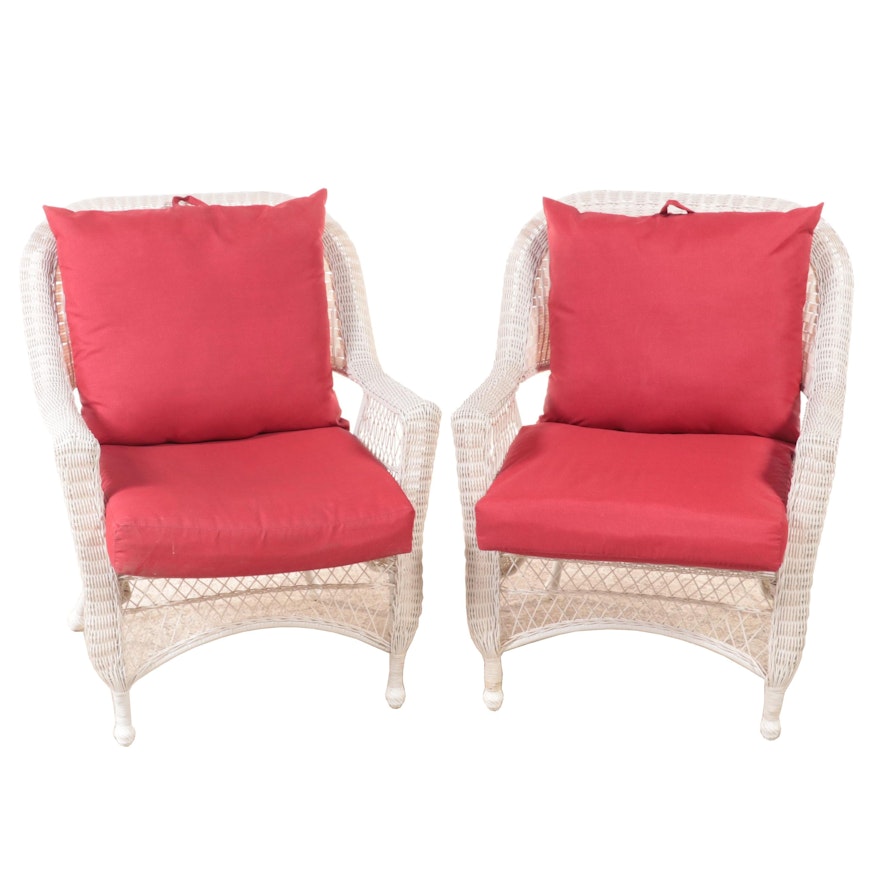 Pair of White Resin Wicker Patio Armchairs