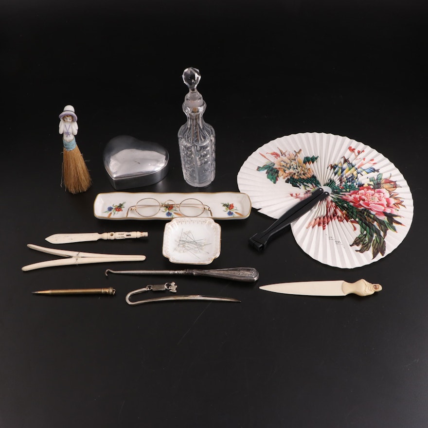 Cut Glass Snuff Bottle with Porcelain Pin Dishes and Bone and Other Vanity Items