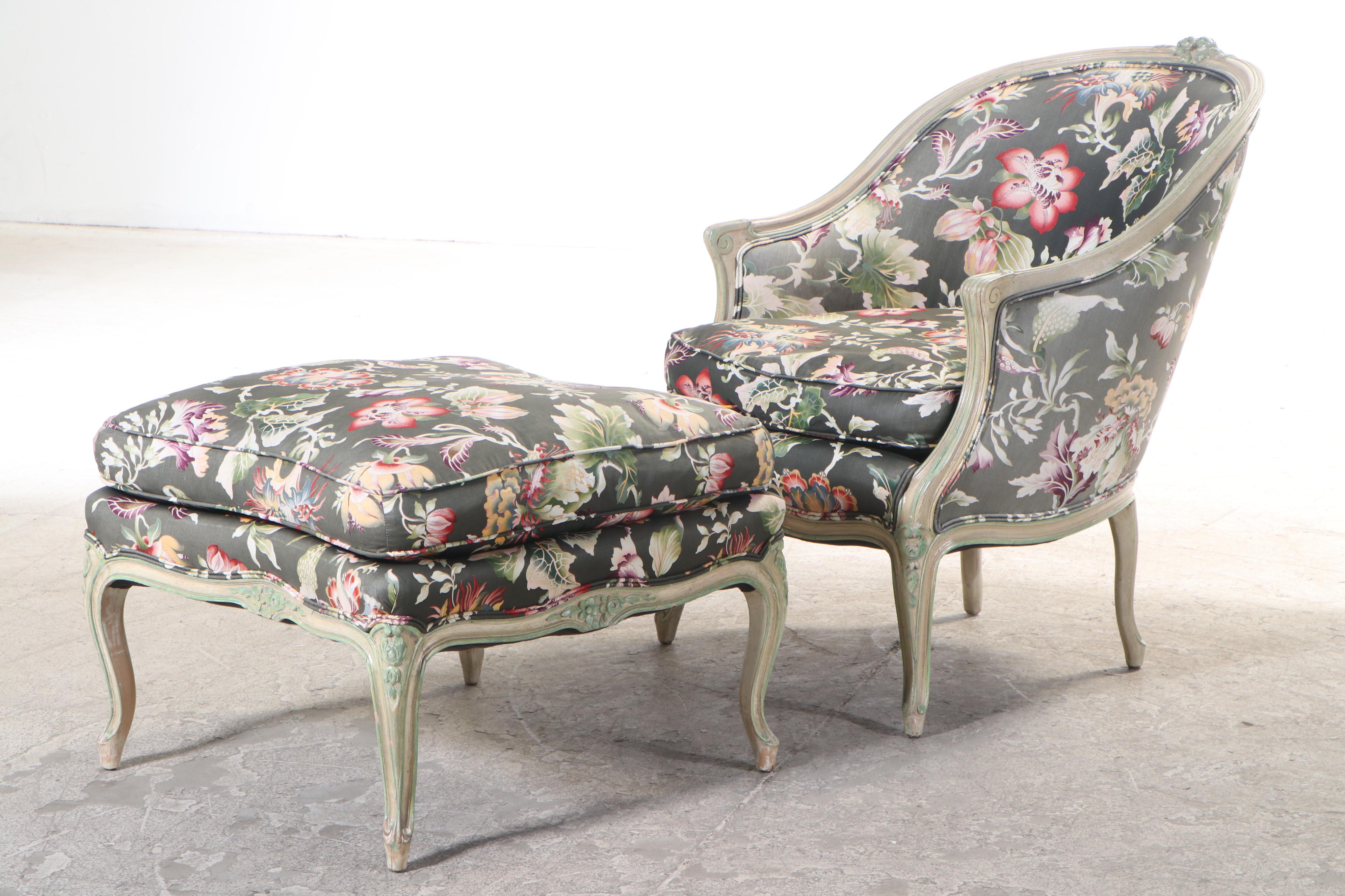 Two Louis XV Style Painted Beech and Custom-Upholstered Bergères and Ottoman