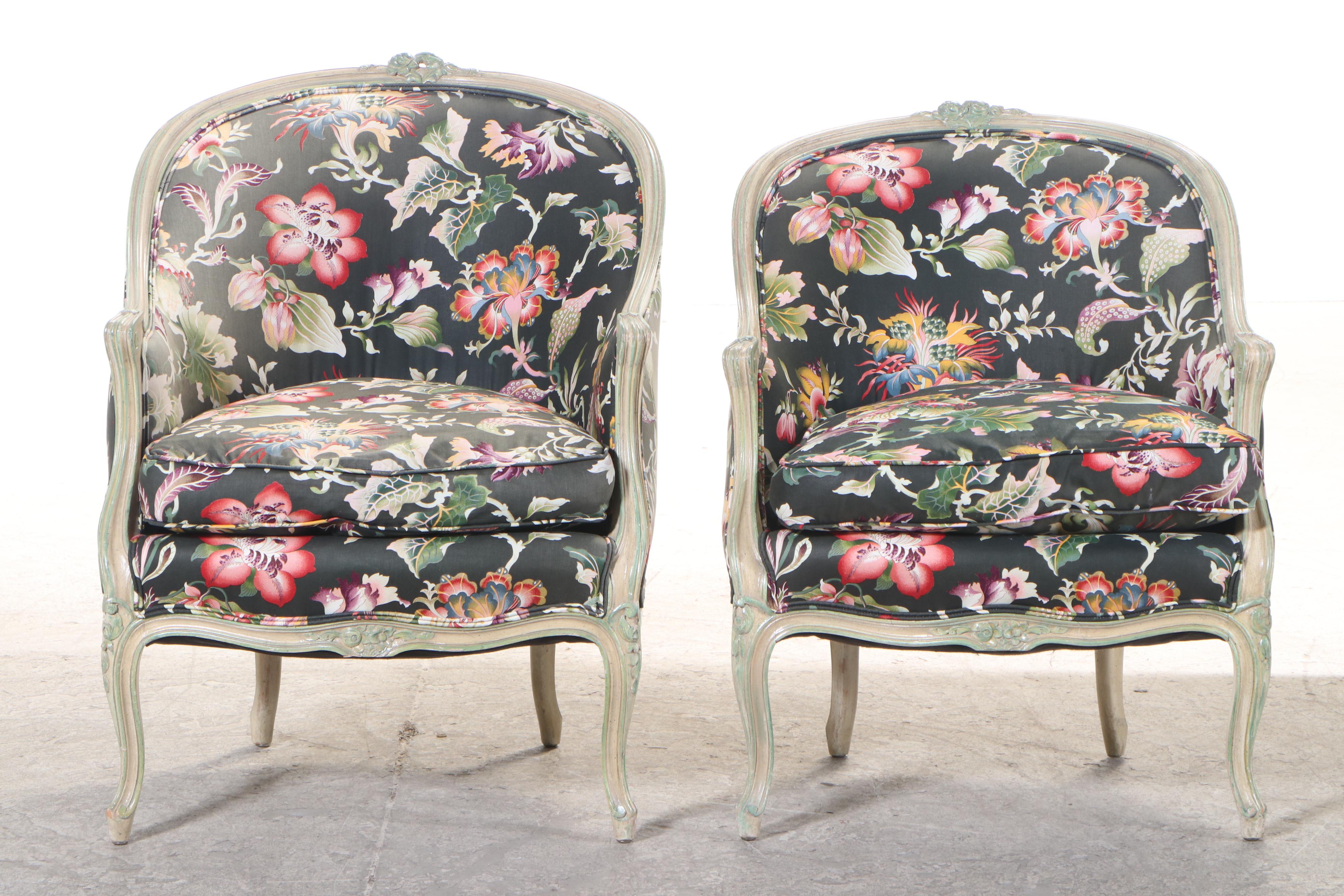 Two Louis XV Style Painted Beech and Custom-Upholstered Bergères and Ottoman