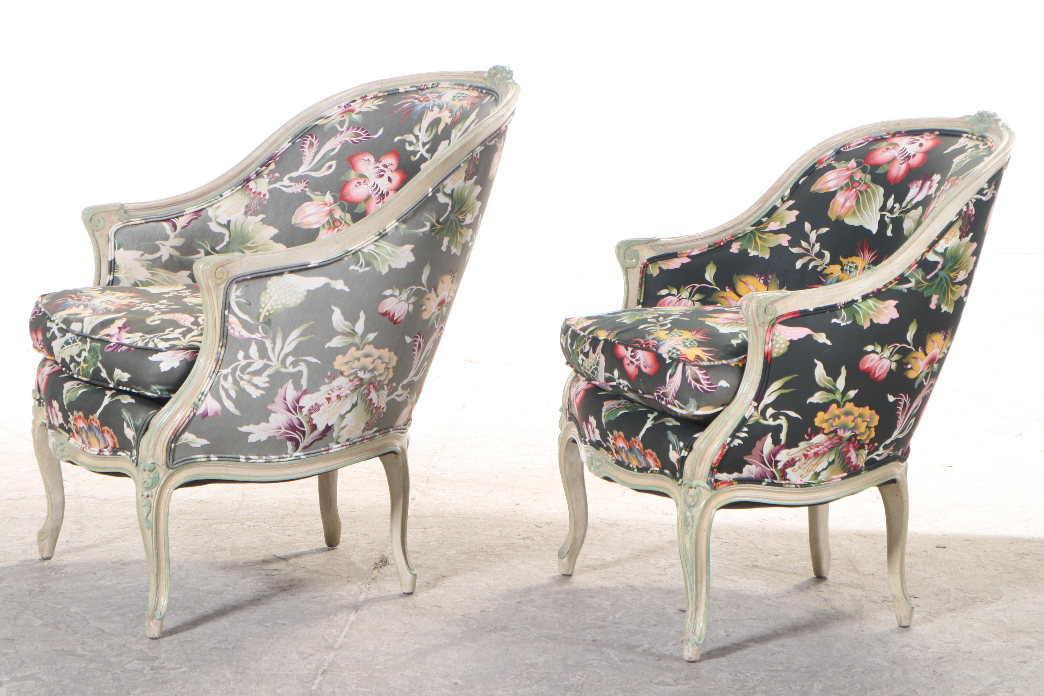 Two Louis XV Style Painted Beech and Custom-Upholstered Bergères and Ottoman