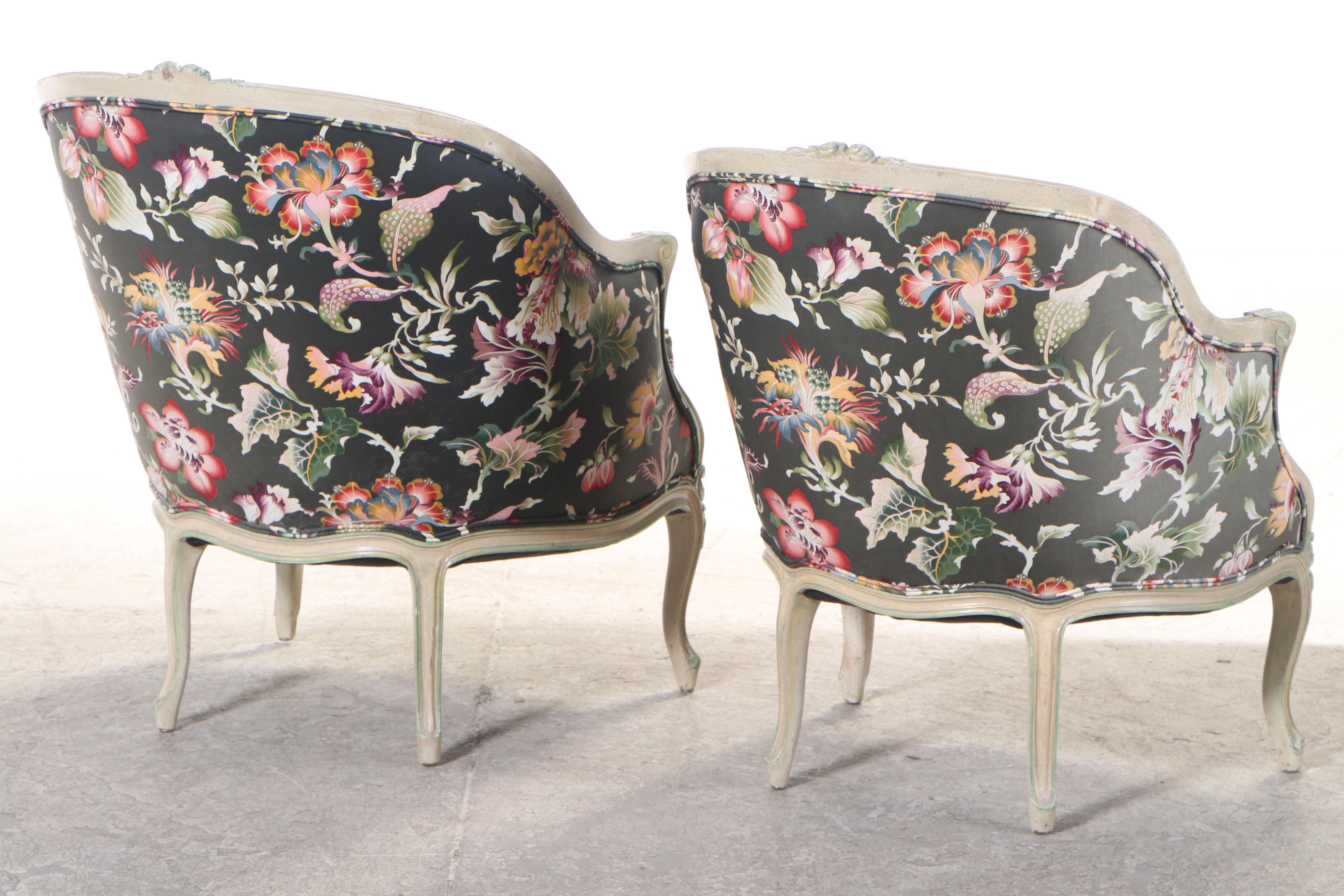 Two Louis XV Style Painted Beech and Custom-Upholstered Bergères and Ottoman