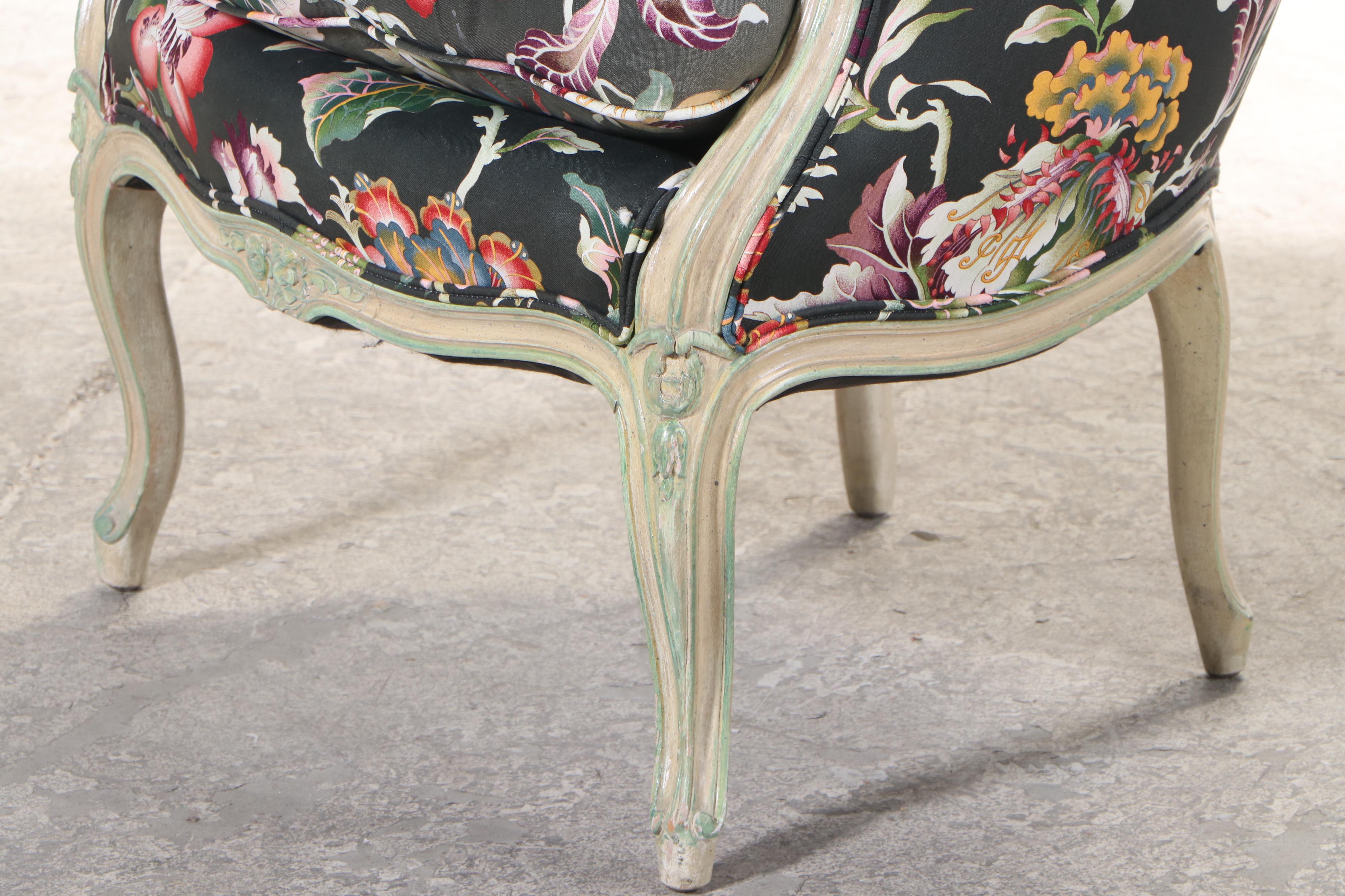 Two Louis XV Style Painted Beech and Custom-Upholstered Bergères and Ottoman