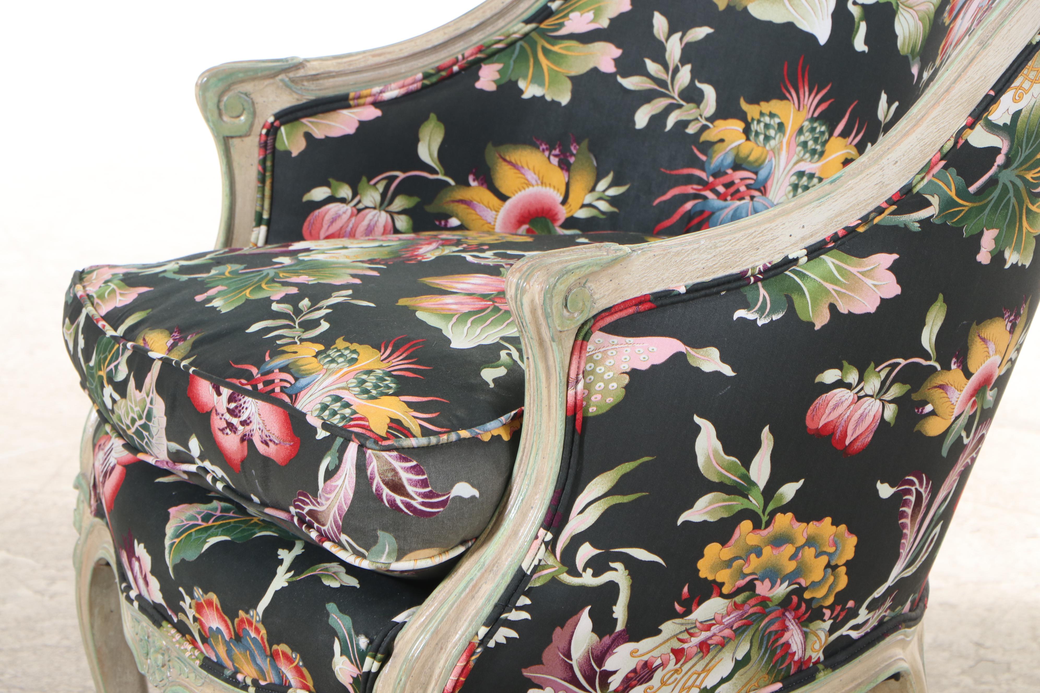 Two Louis XV Style Painted Beech and Custom-Upholstered Bergères and Ottoman