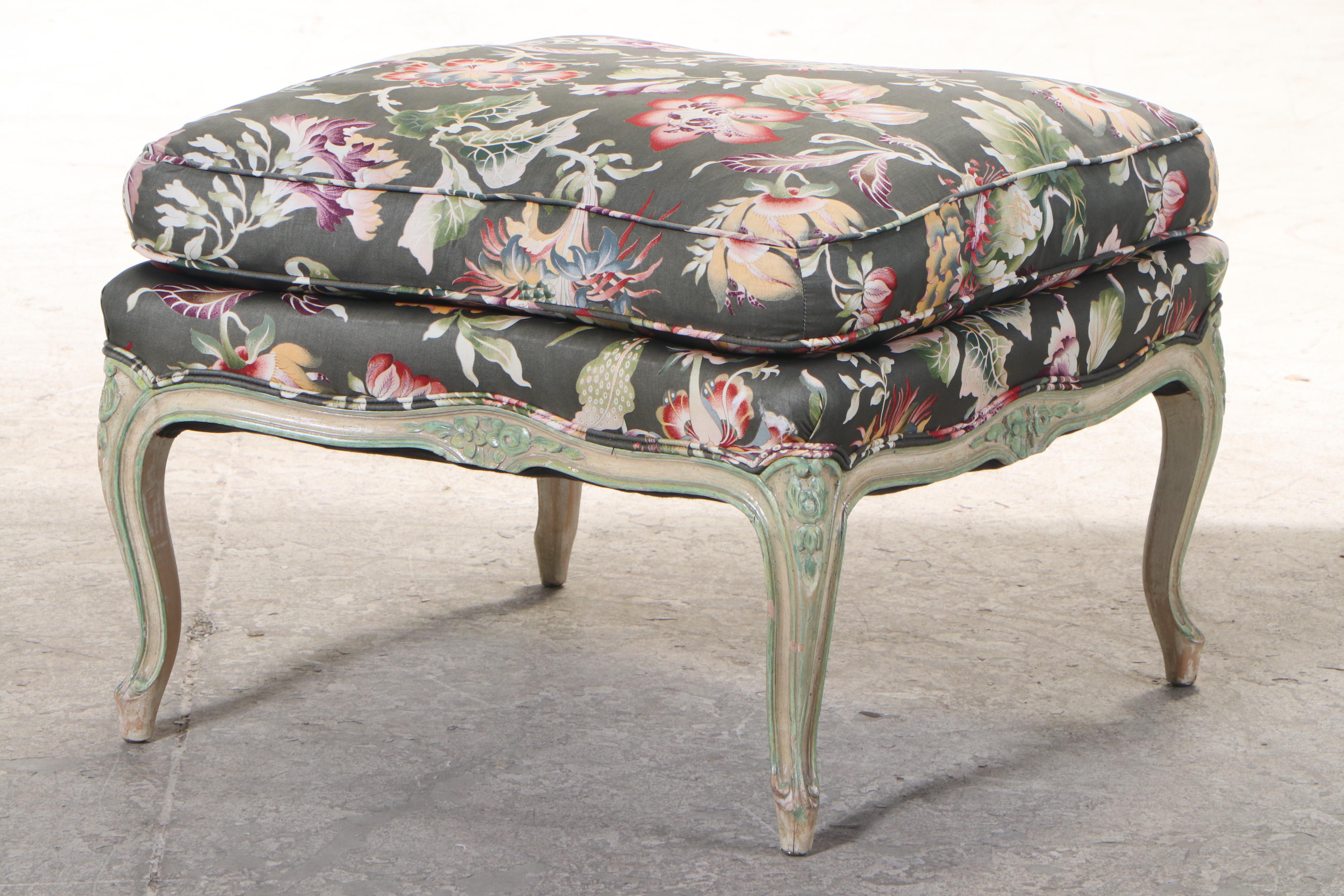 Two Louis XV Style Painted Beech and Custom-Upholstered Bergères and Ottoman