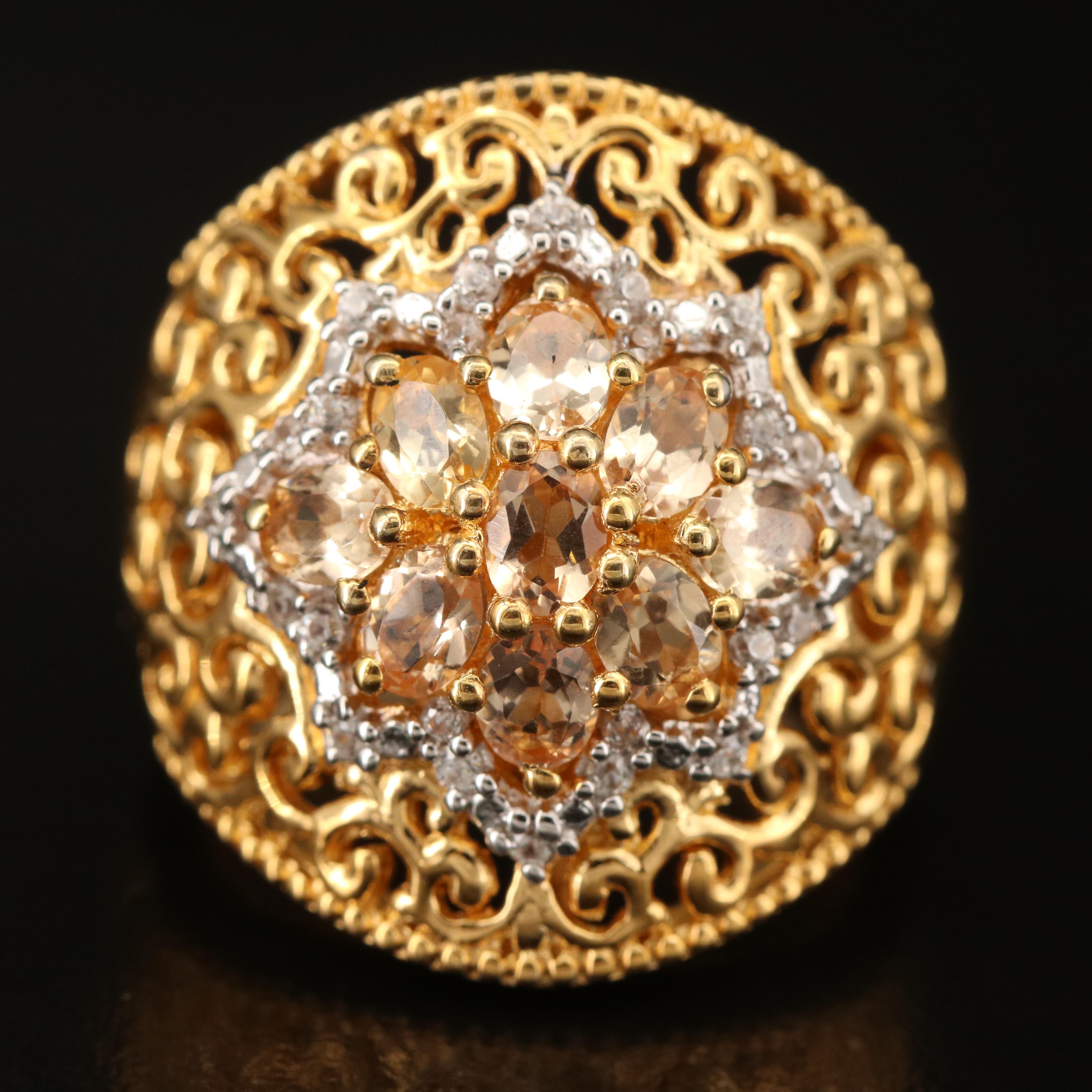 Sterling Topaz and White Zircon Scrollwork Ring
