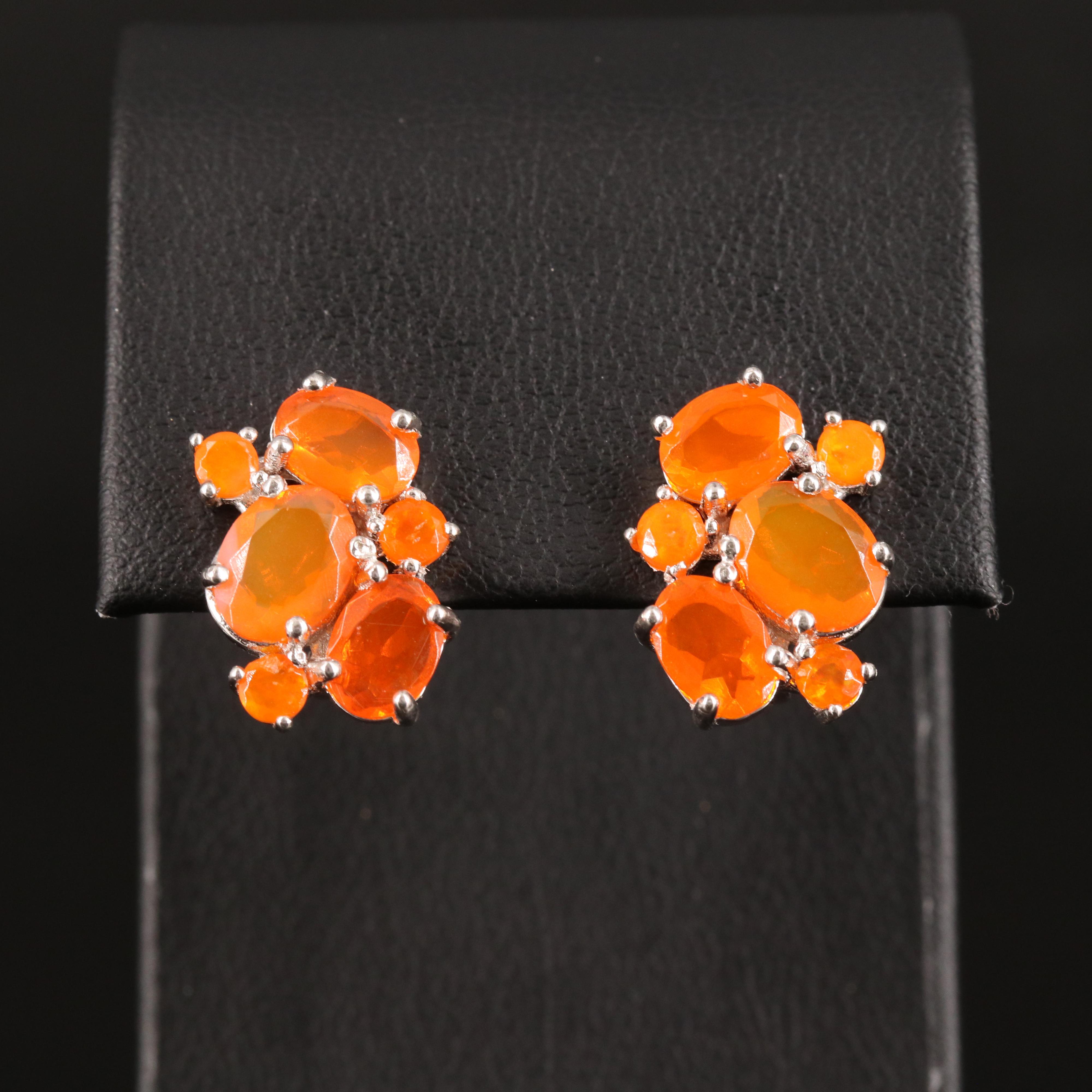 Sterling Fire Opal Cluster Earrings