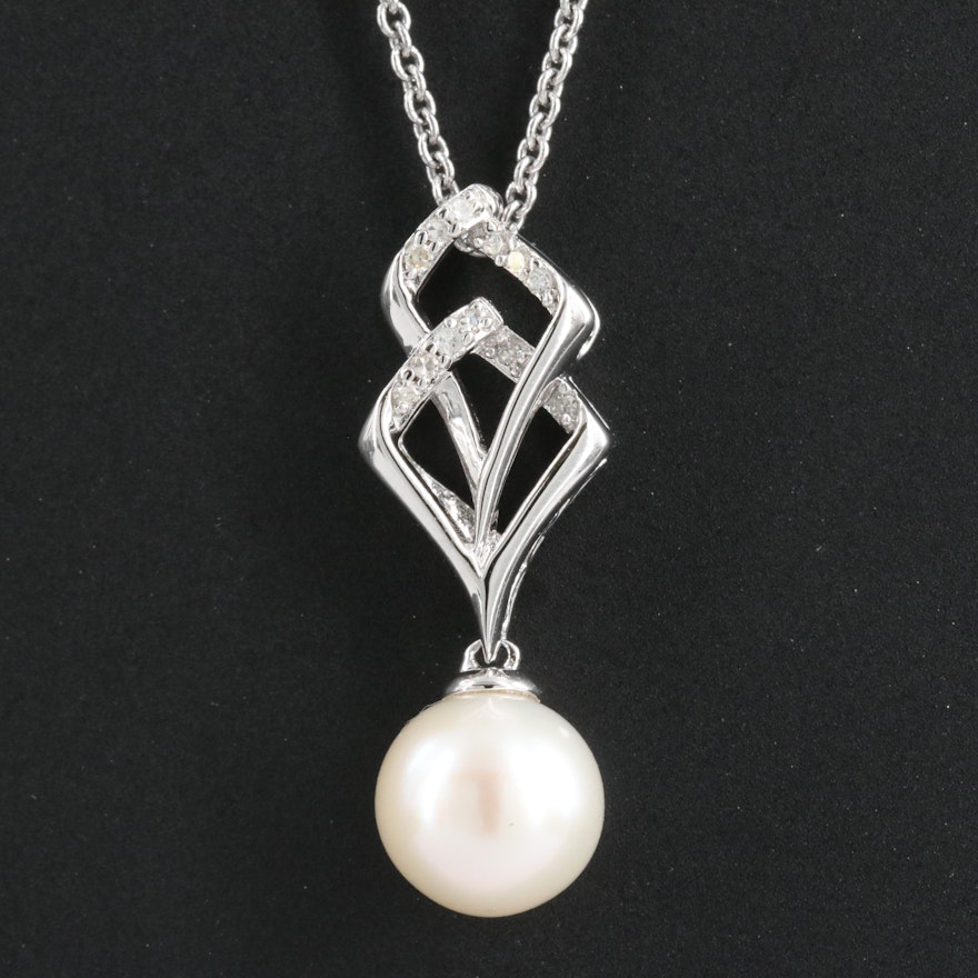 Sterling Pearl and Diamond Pendant Necklace