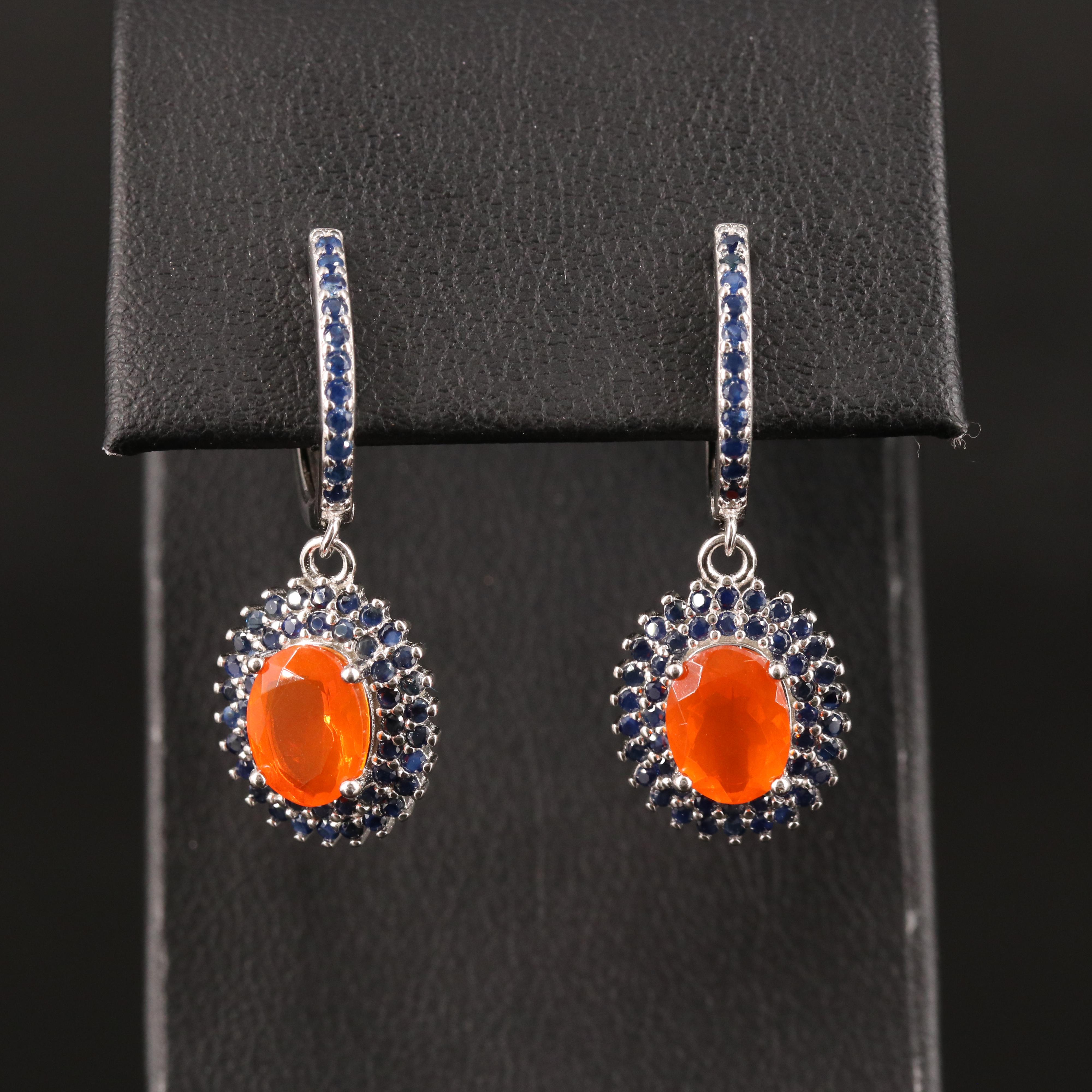 Fire Opal Earrings with Sapphire Halos in Sterling