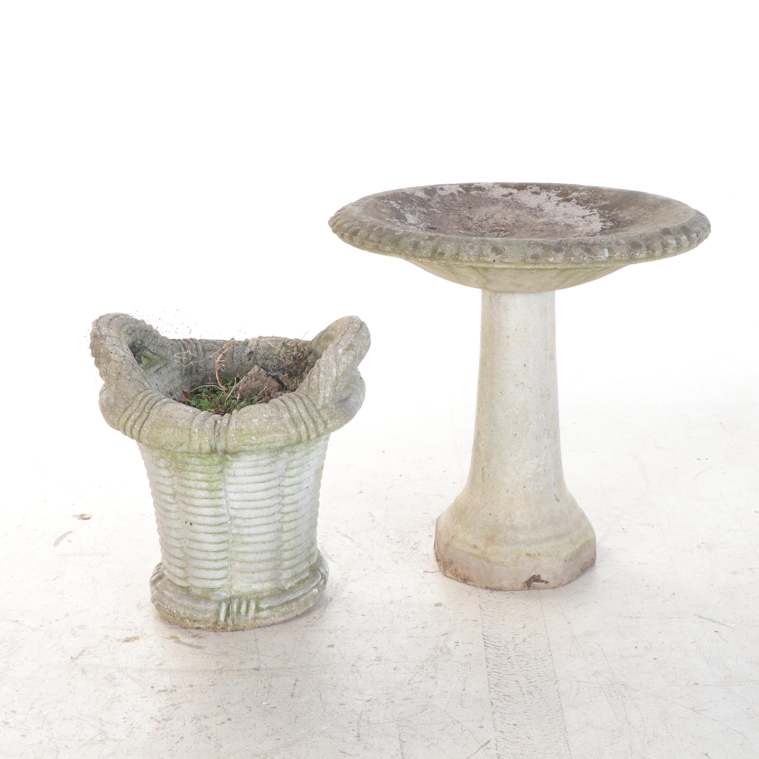 Cast Concrete Basket Form Outdoor Planter with Bird Bath
