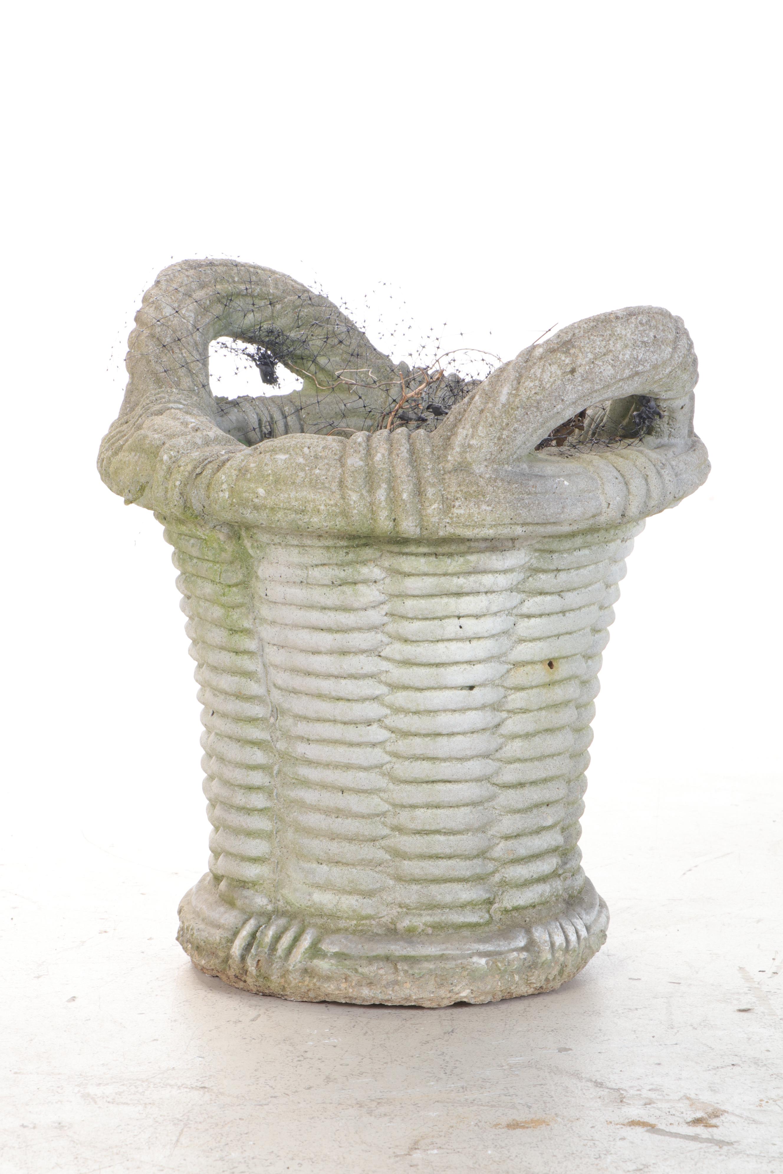 Cast Concrete Basket Form Outdoor Planter with Bird Bath