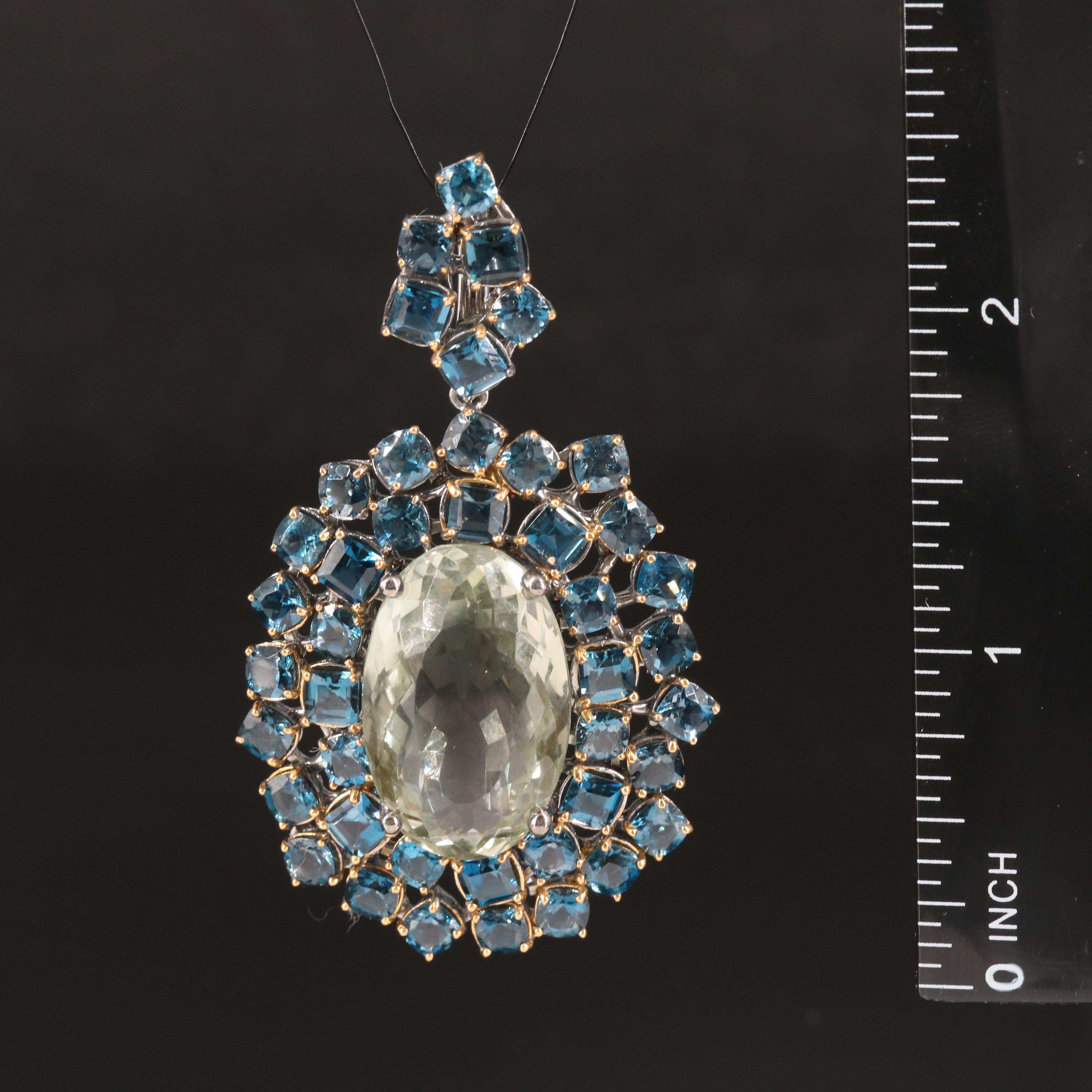 900 Silver Prasiolite and London Blue Topaz Oval Pendant