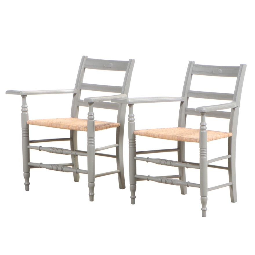 Pair of Victorian Grey-Painted Ladderback Writing-Arm Chairs, Late 19th Century