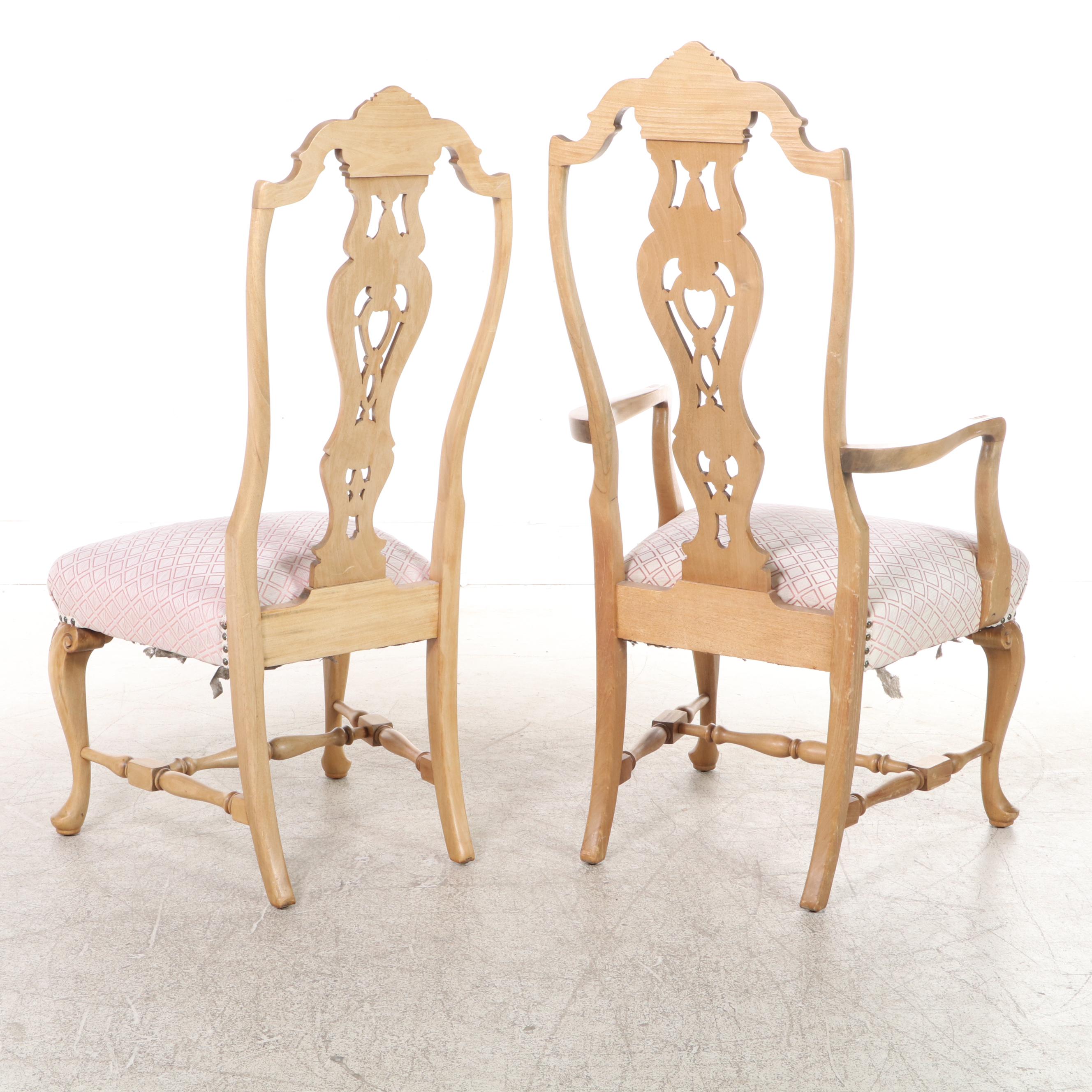 Baroque Style Blonde Mahogany and Custom-Upholstered Armchair and Side Chair