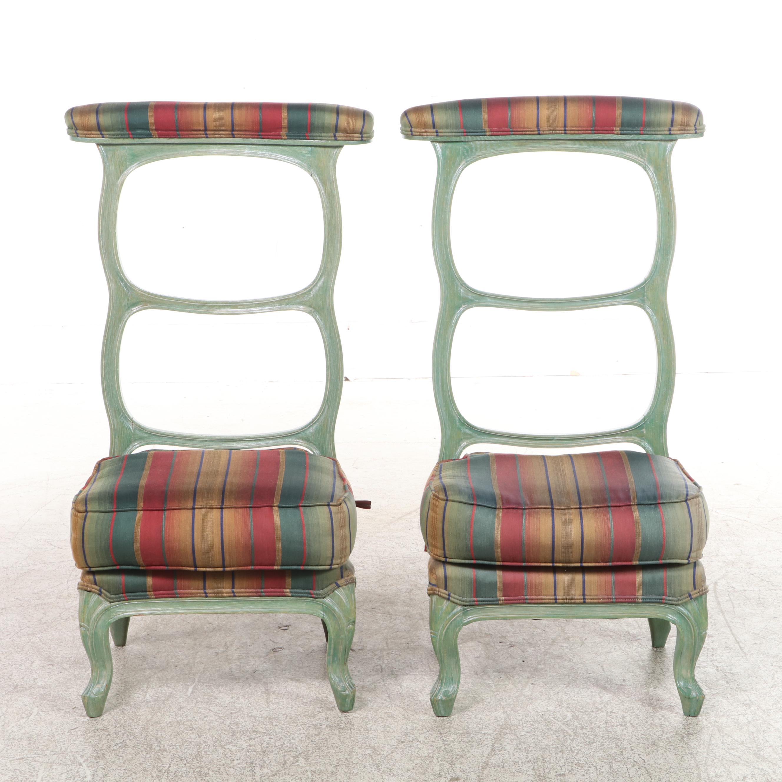 Pair of Louis XV Style Green-Painted Oak and Custom-Upholstered Prie-Dieus