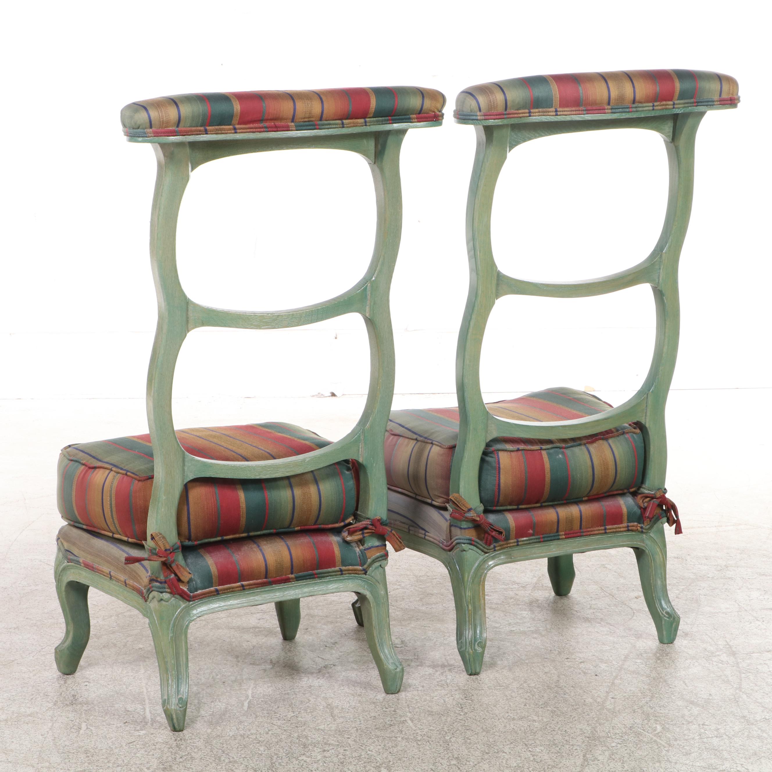Pair of Louis XV Style Green-Painted Oak and Custom-Upholstered Prie-Dieus