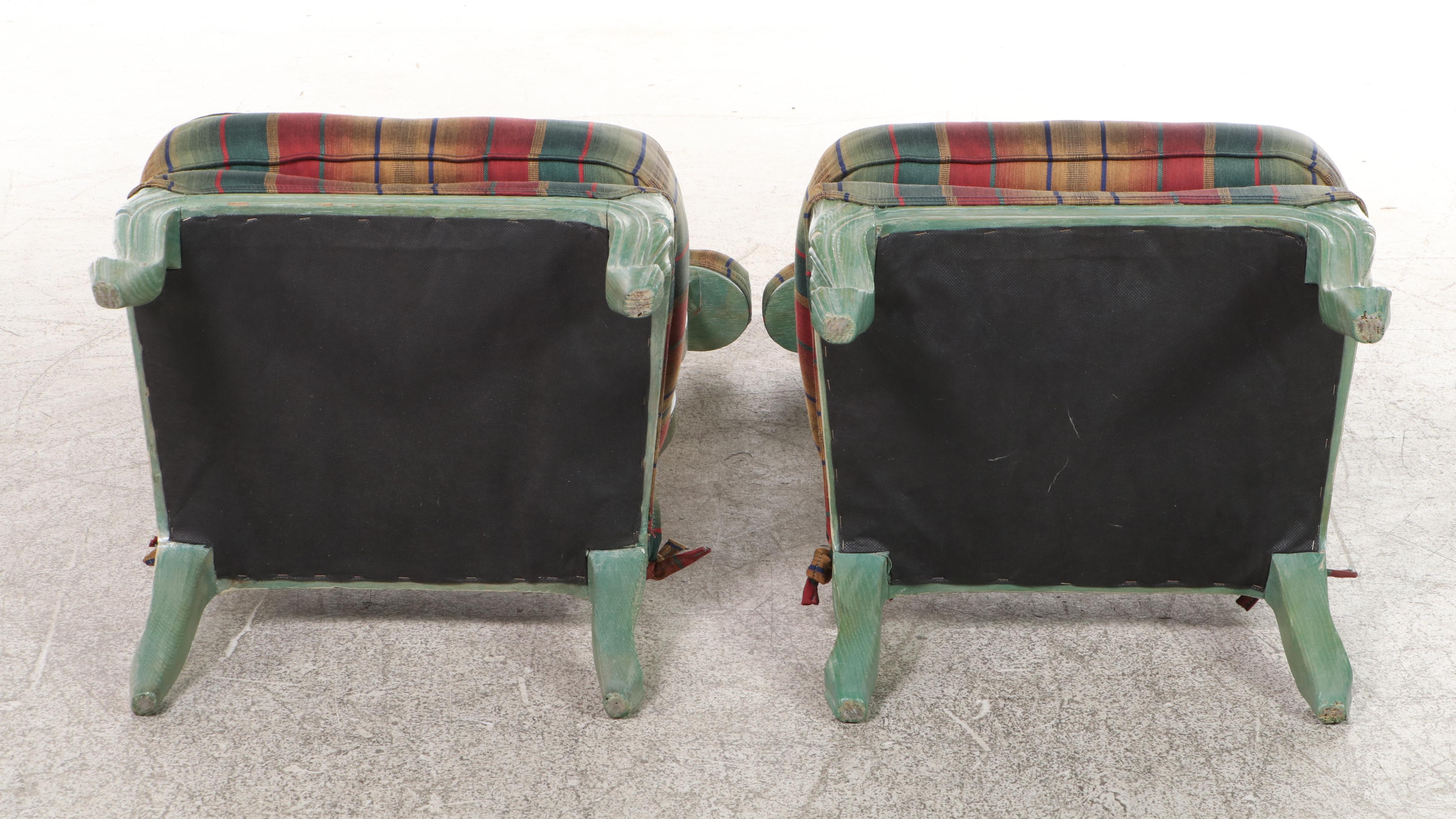 Pair of Louis XV Style Green-Painted Oak and Custom-Upholstered Prie-Dieus