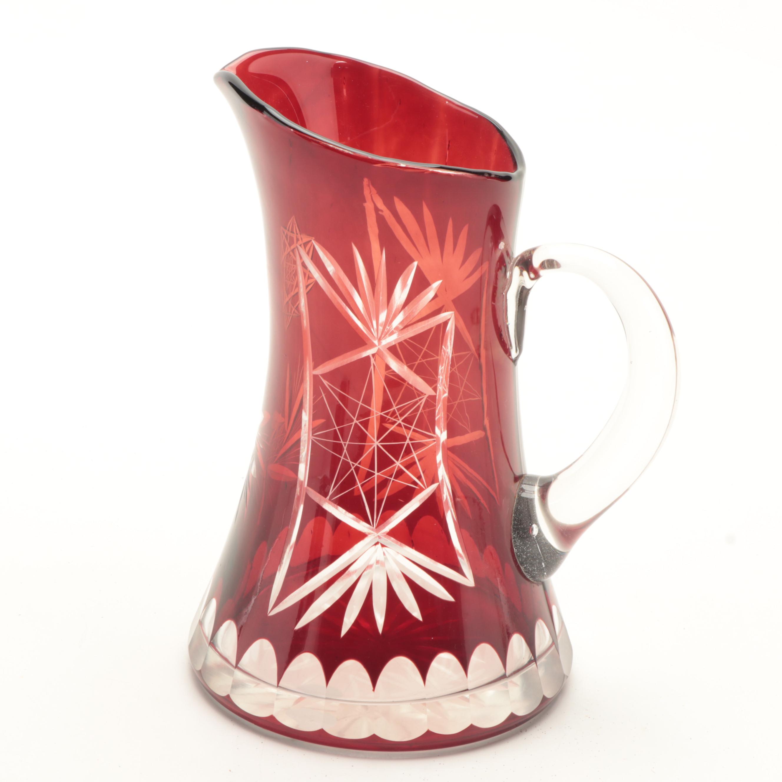 Ruby Cut to Clear Pinwheel Pattern Glass Pitcher and Tumblers, 20th Century