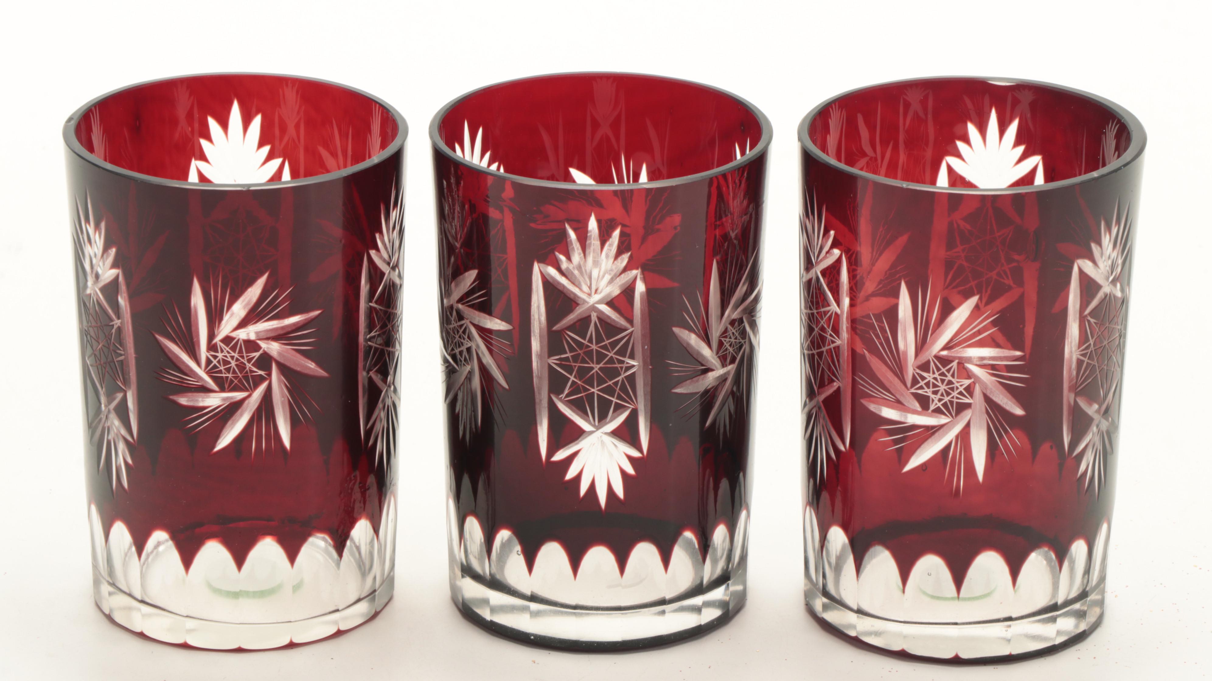 Ruby Cut to Clear Pinwheel Pattern Glass Pitcher and Tumblers, 20th Century
