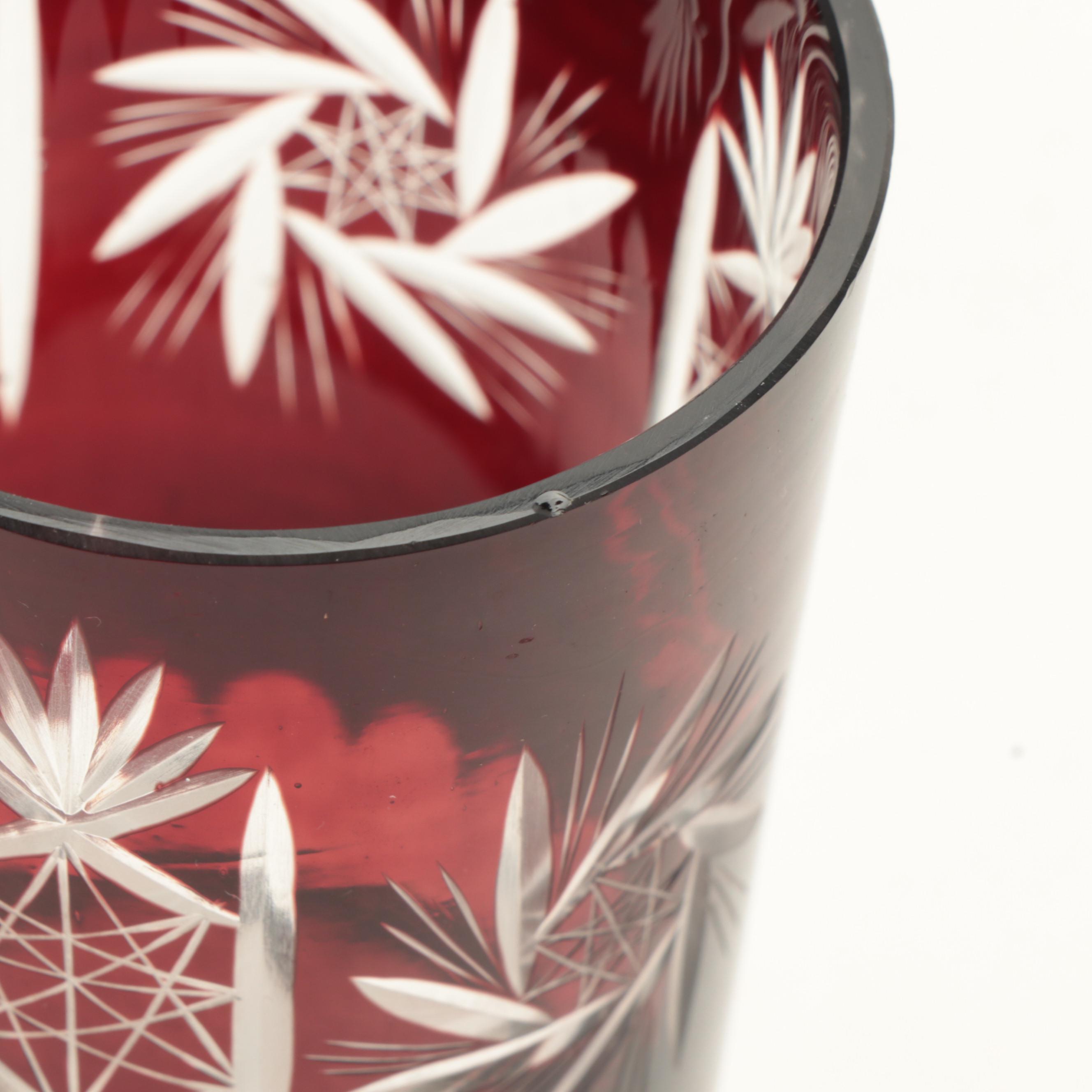 Ruby Cut to Clear Pinwheel Pattern Glass Pitcher and Tumblers, 20th Century