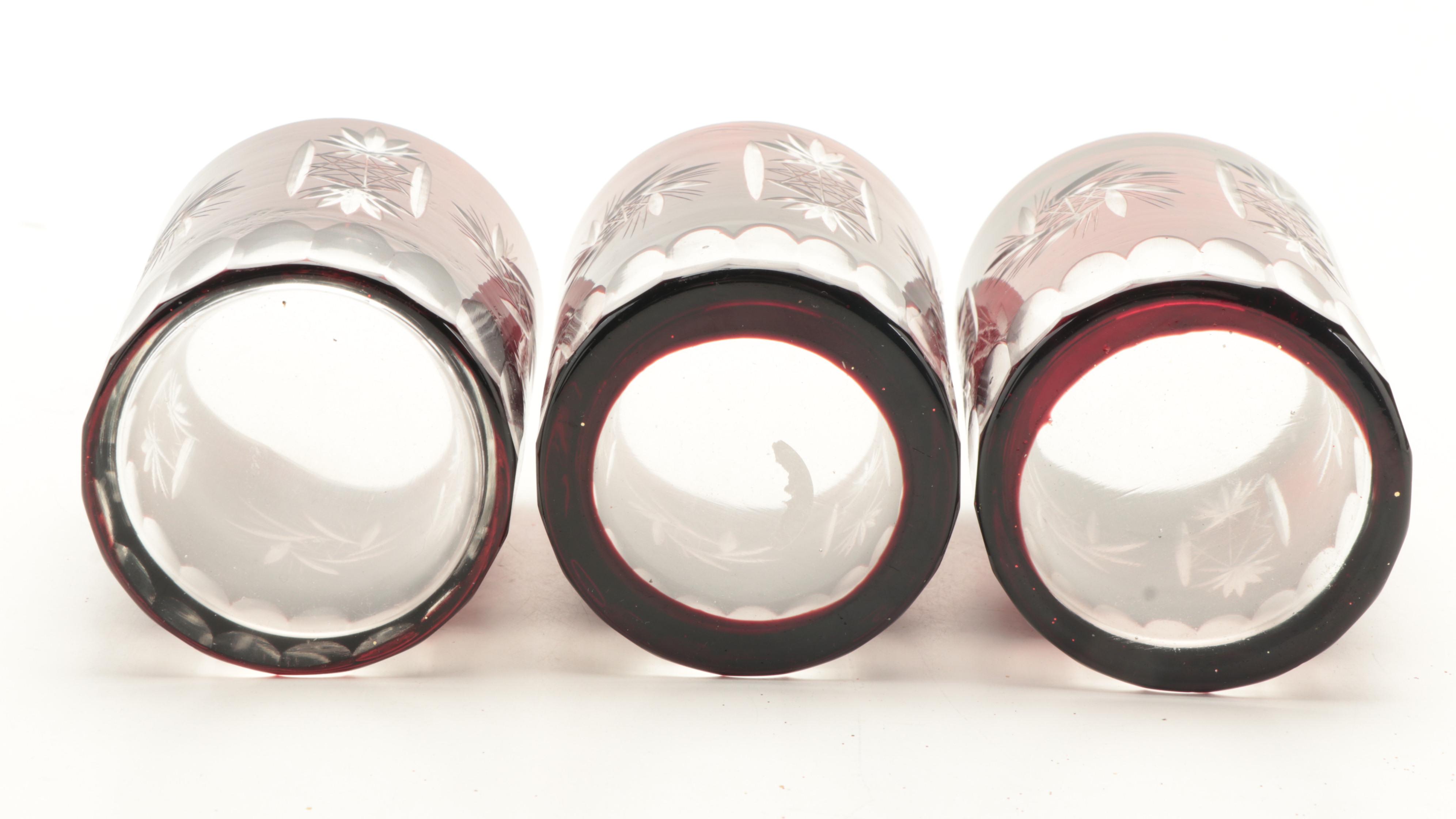 Ruby Cut to Clear Pinwheel Pattern Glass Pitcher and Tumblers, 20th Century