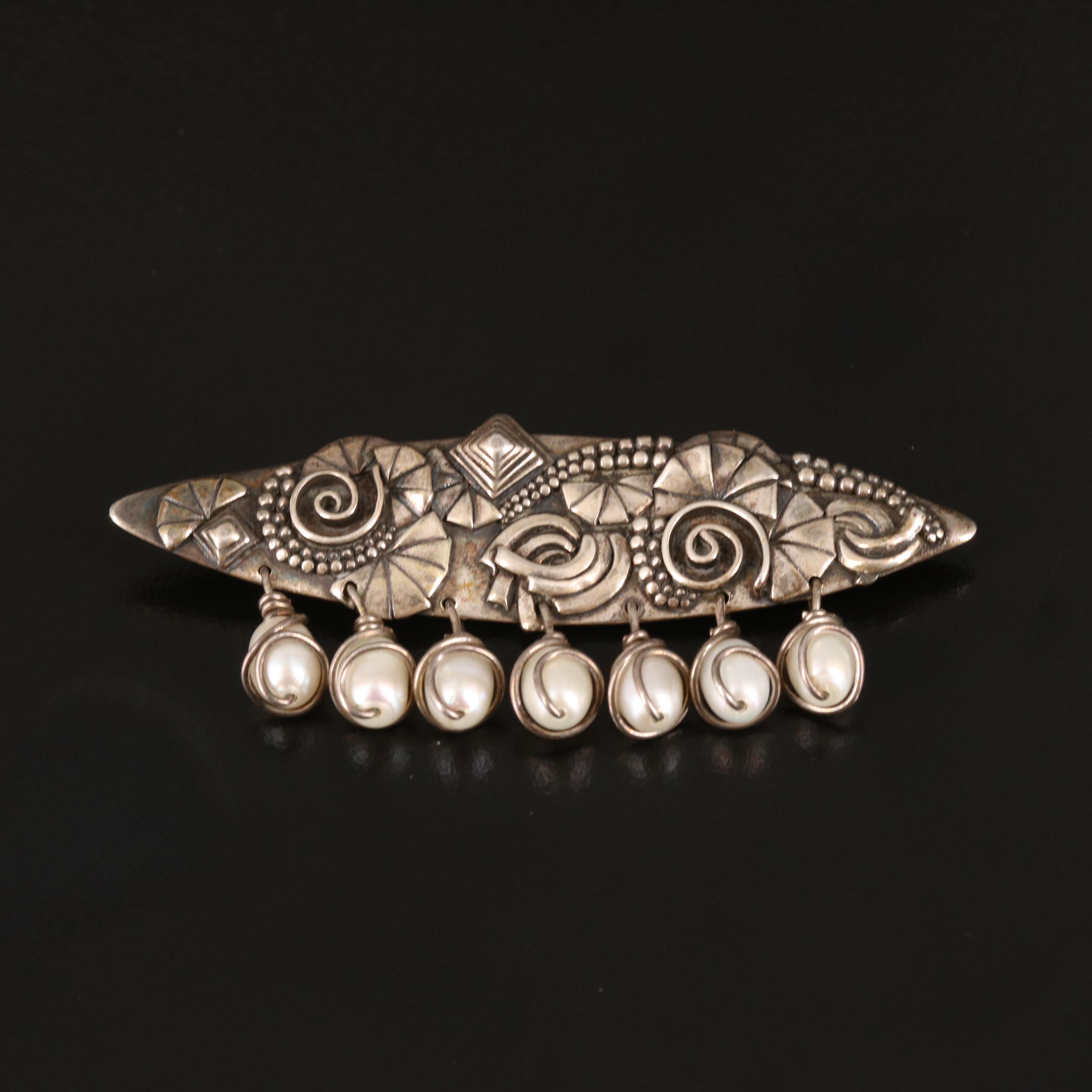 Signed Sterling Pearl Geometric Brooch