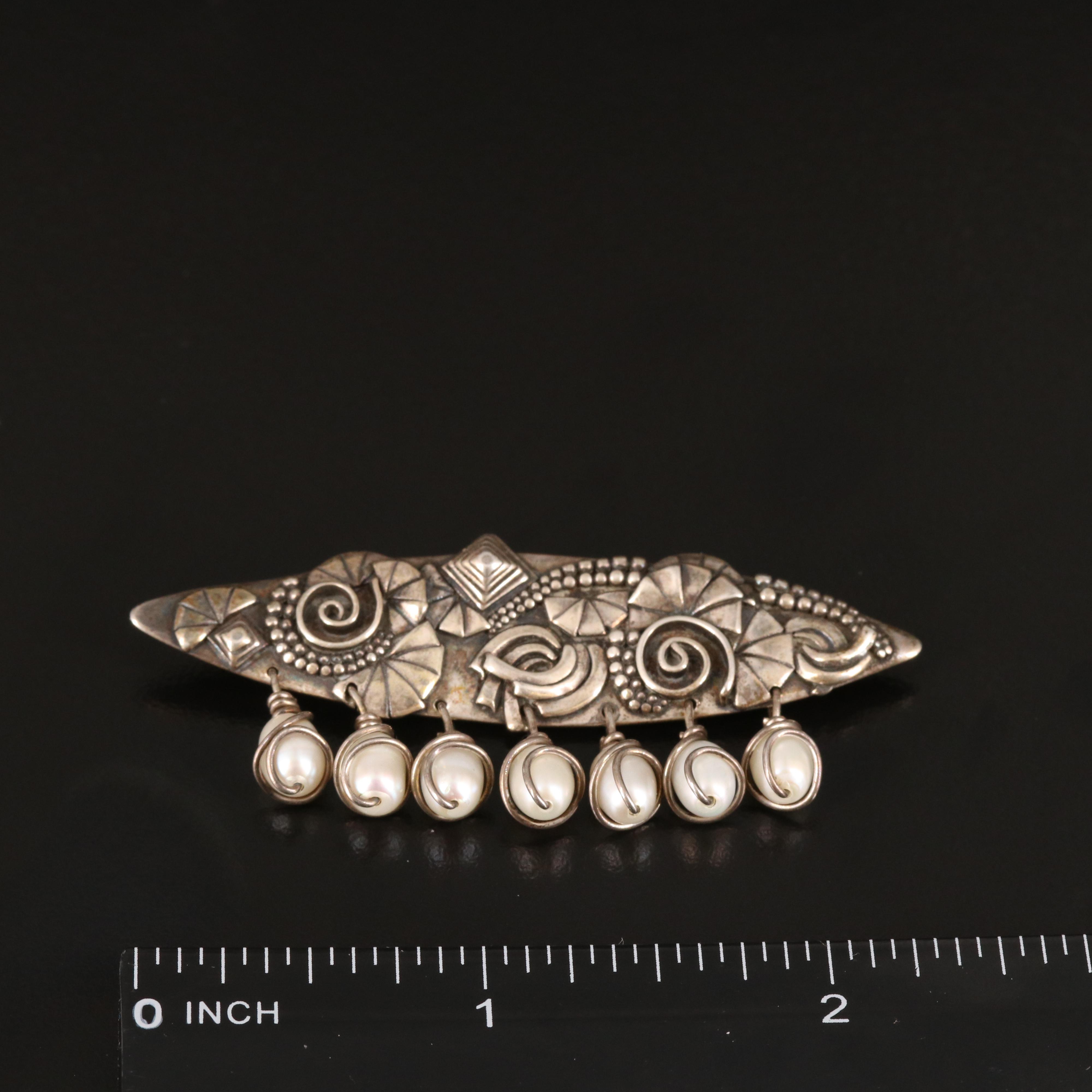 Signed Sterling Pearl Geometric Brooch