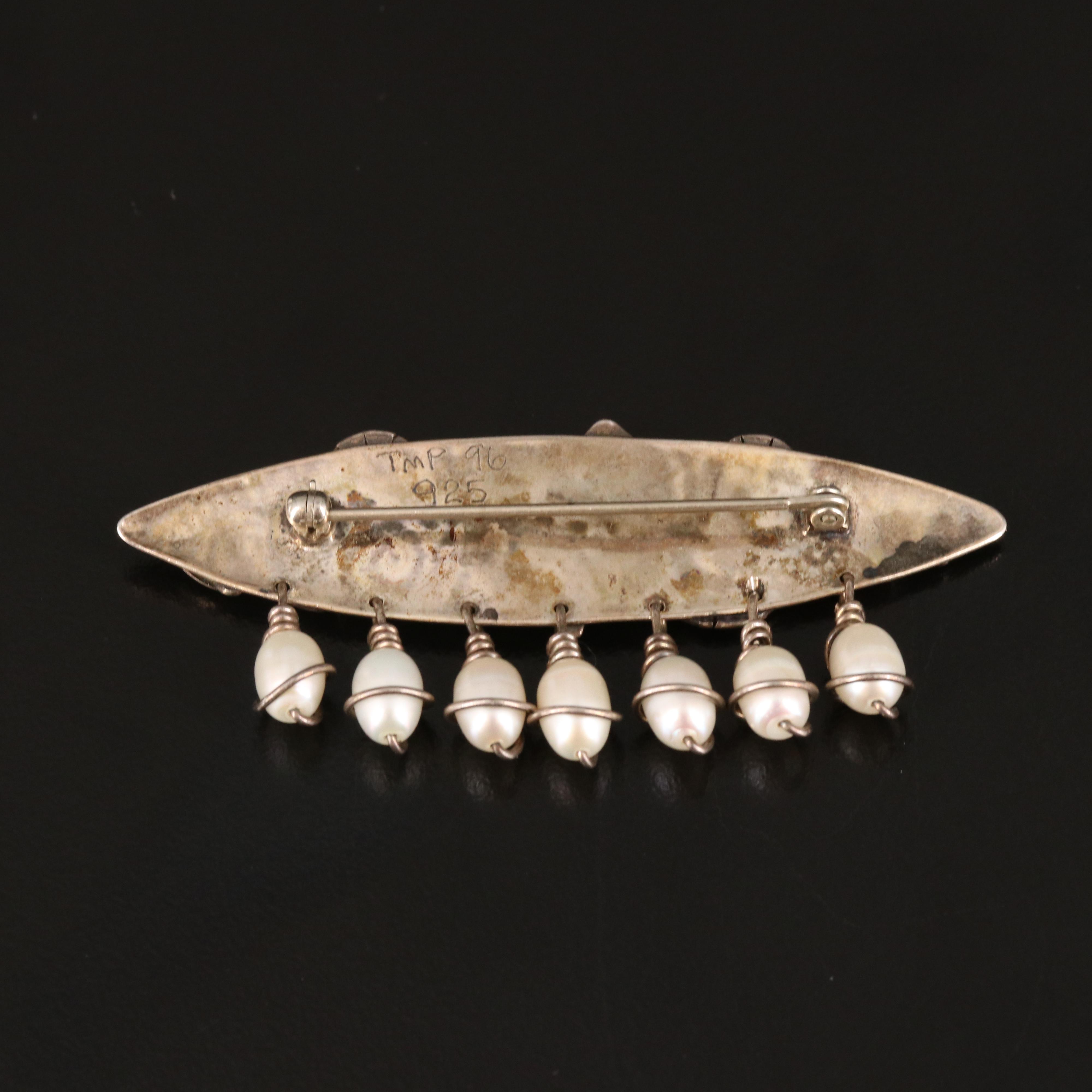 Signed Sterling Pearl Geometric Brooch