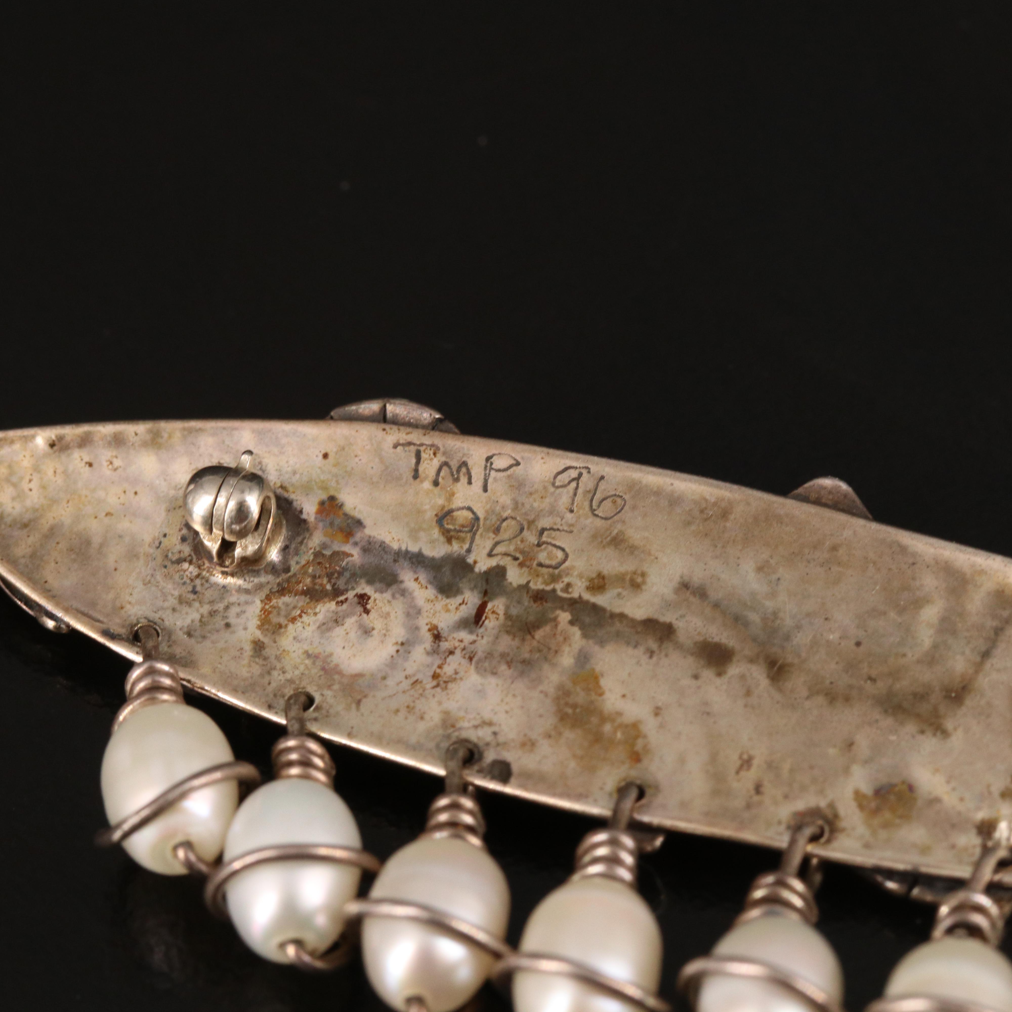 Signed Sterling Pearl Geometric Brooch