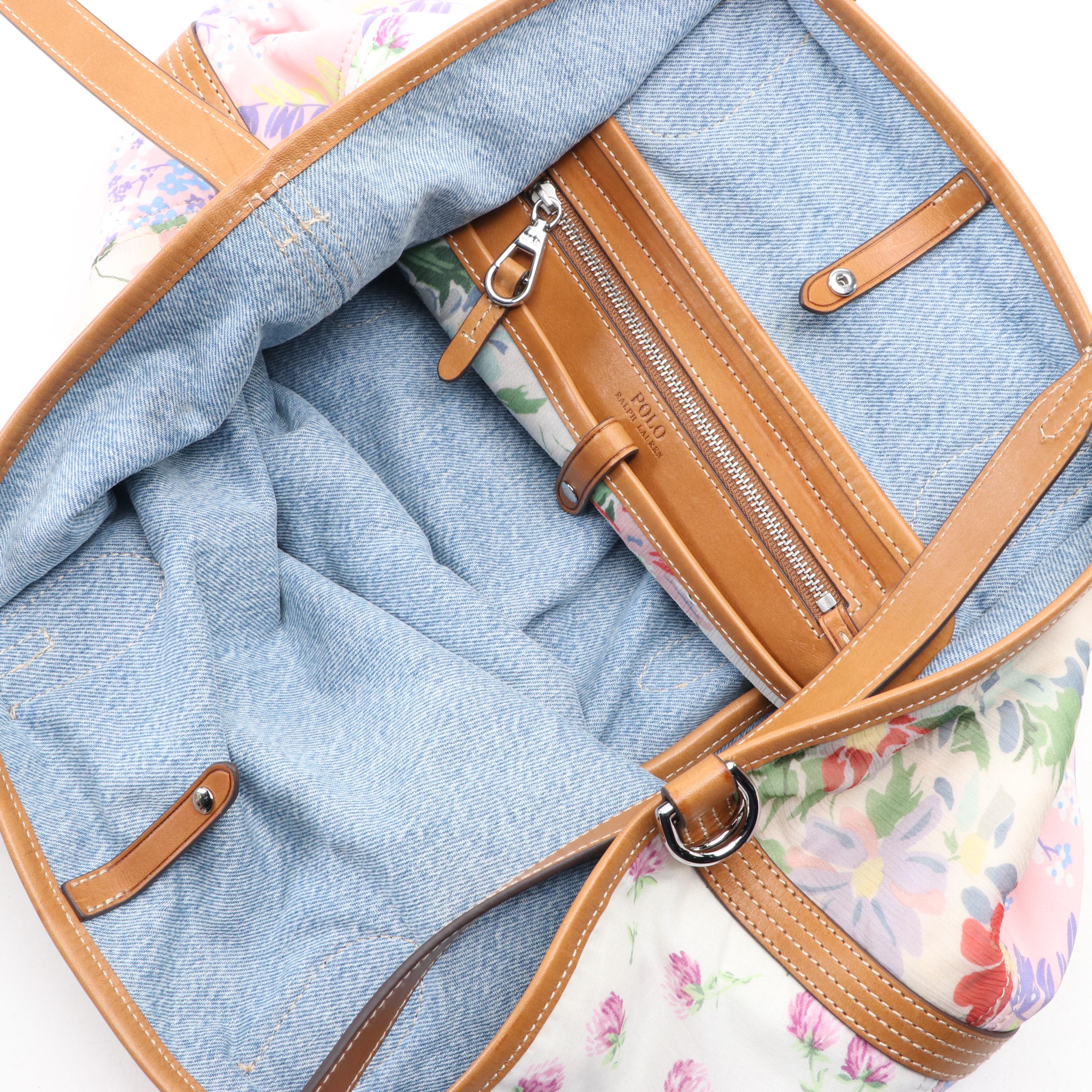 Polo Ralph Lauren Bellport Medium Patchwork Textile Tote/Leather Trim with Box