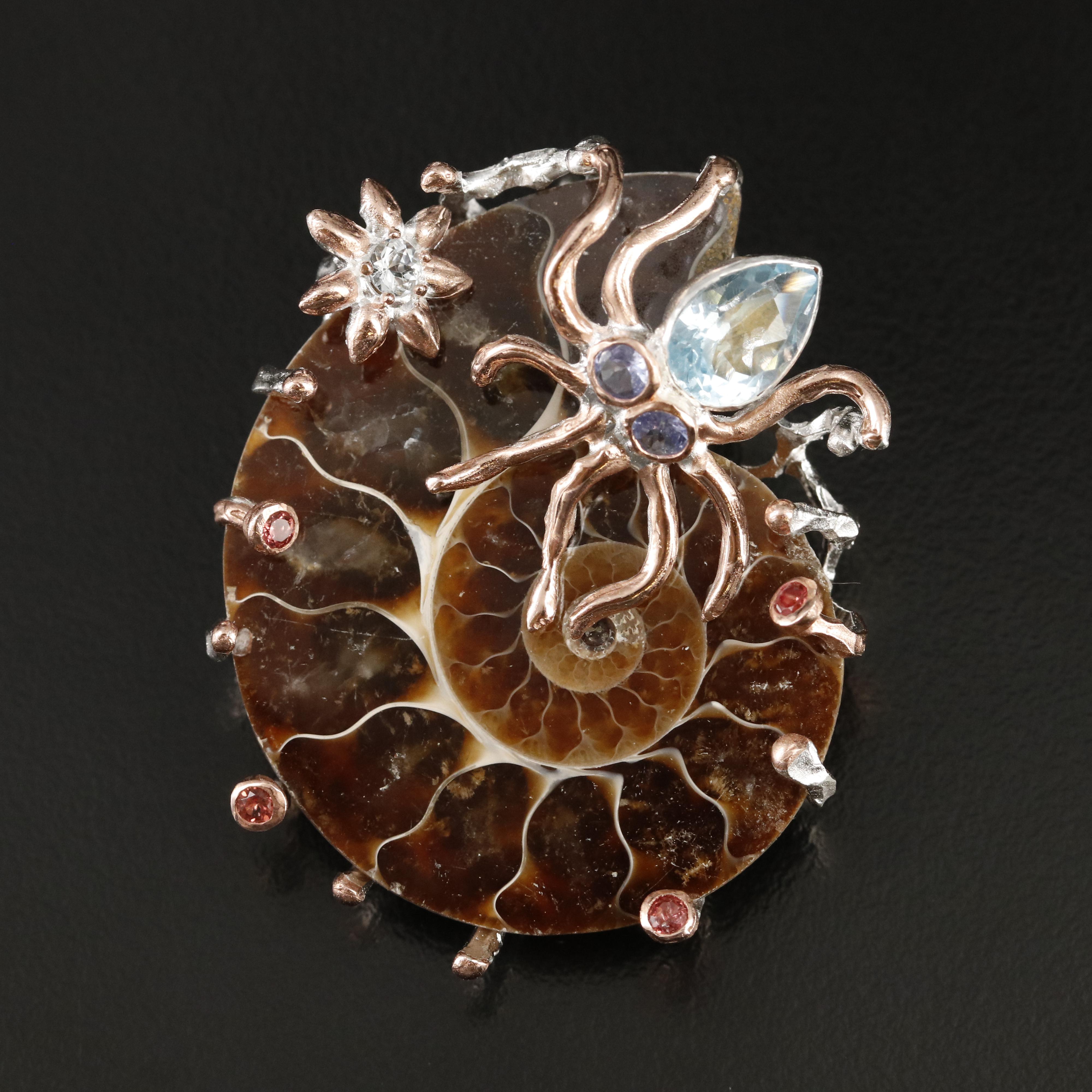 Sterling Ammonite, Topaz and Gemstone Octopus Pendant