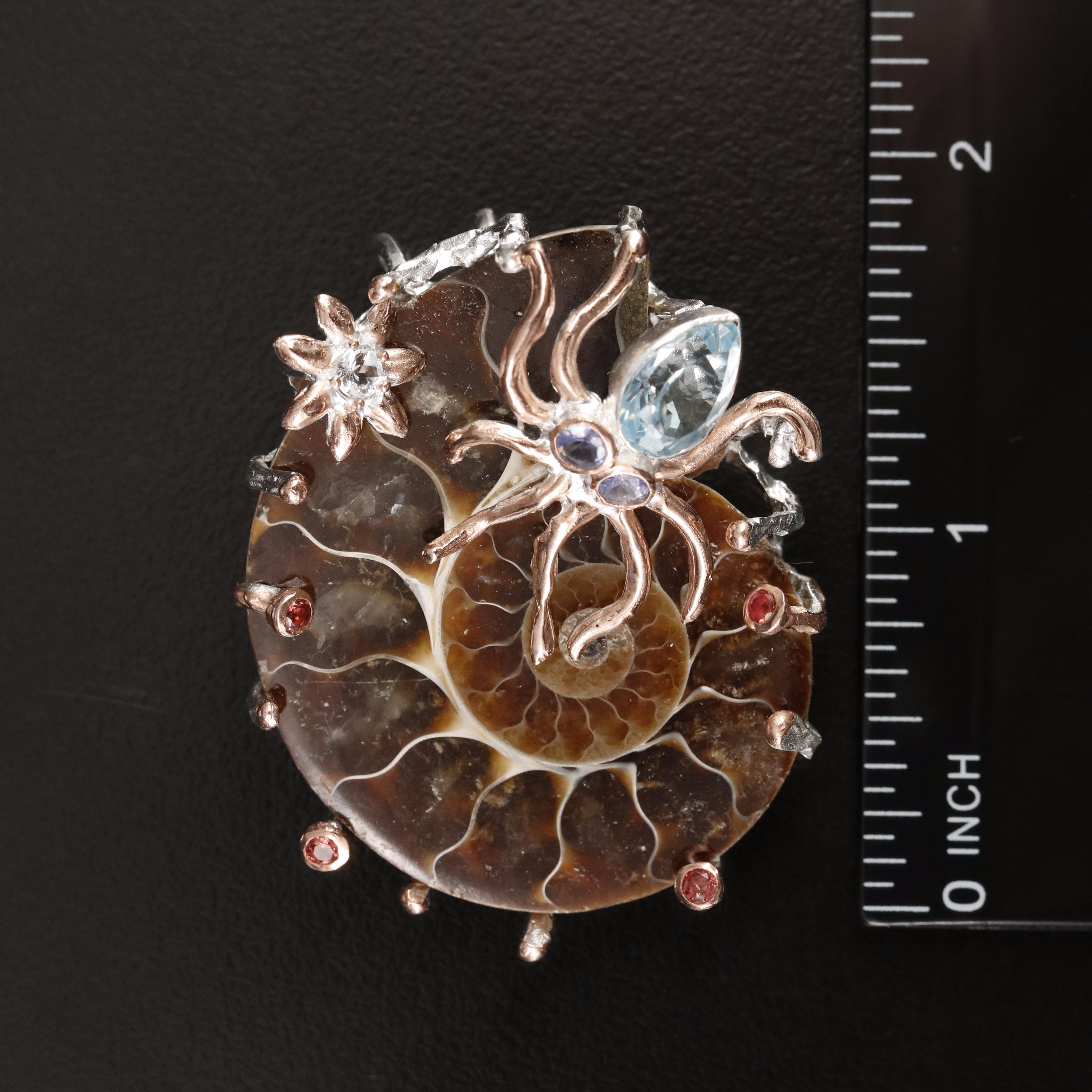 Sterling Ammonite, Topaz and Gemstone Octopus Pendant
