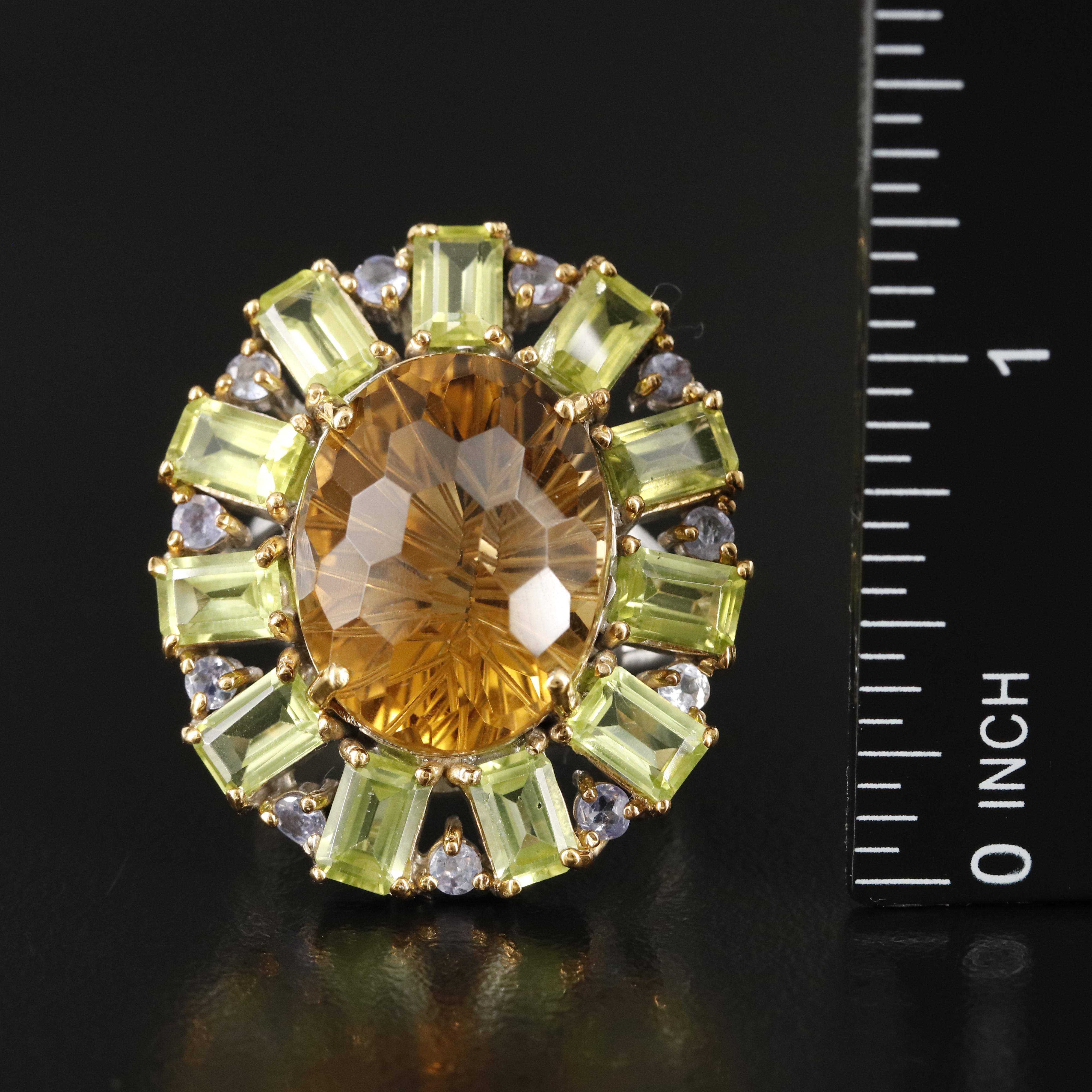 Sterling Citrine, Peridot and Tanzanite Ring