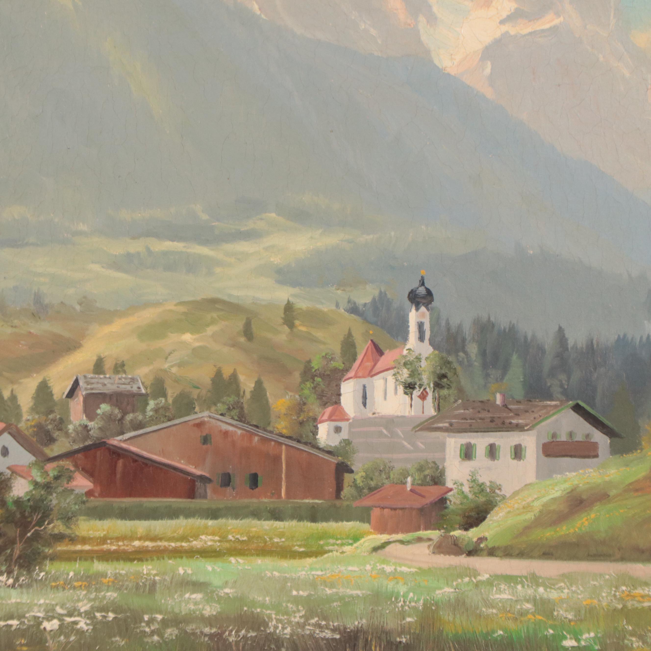 Alpine Village Landscape Oil Painting, Circa 1960