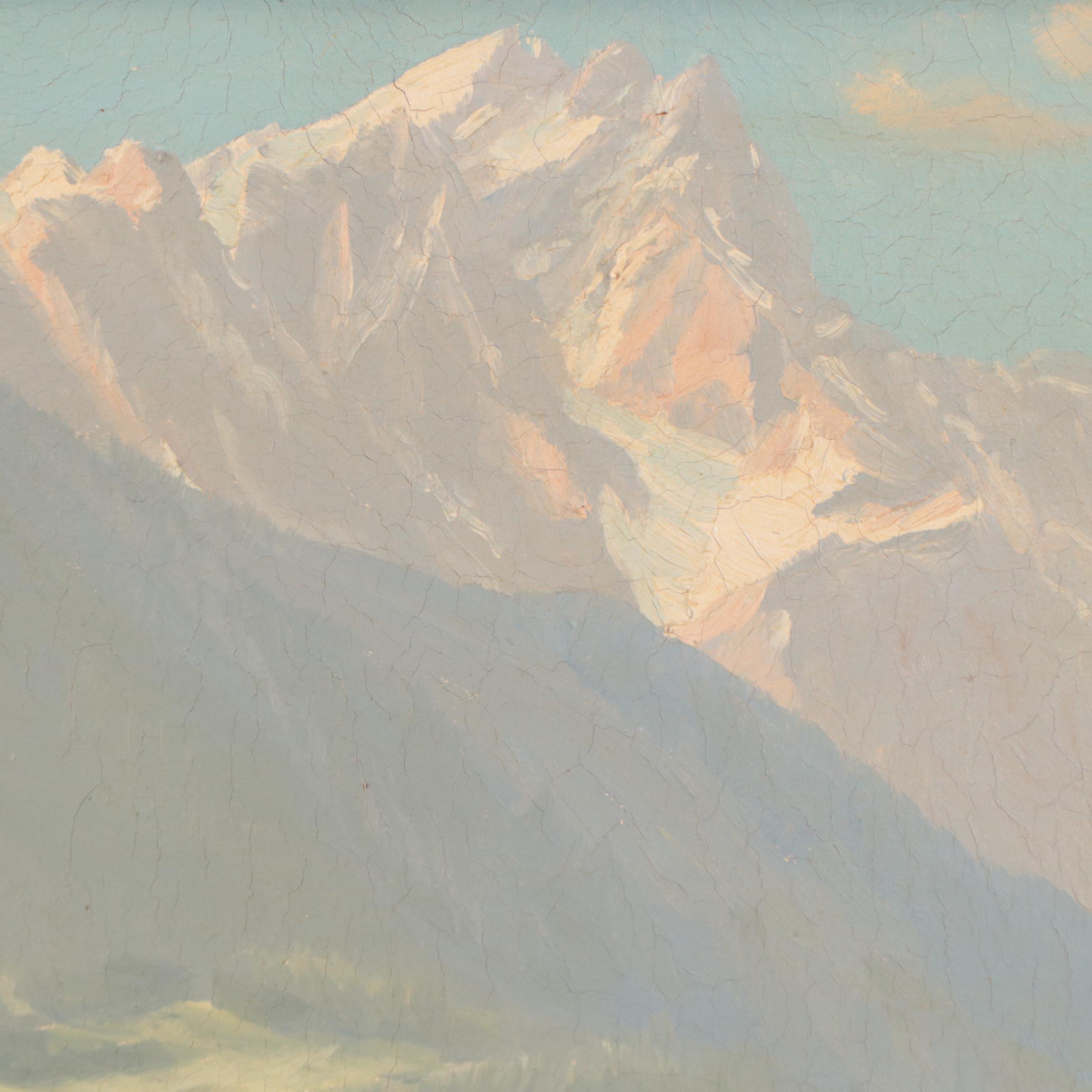 Alpine Village Landscape Oil Painting, Circa 1960