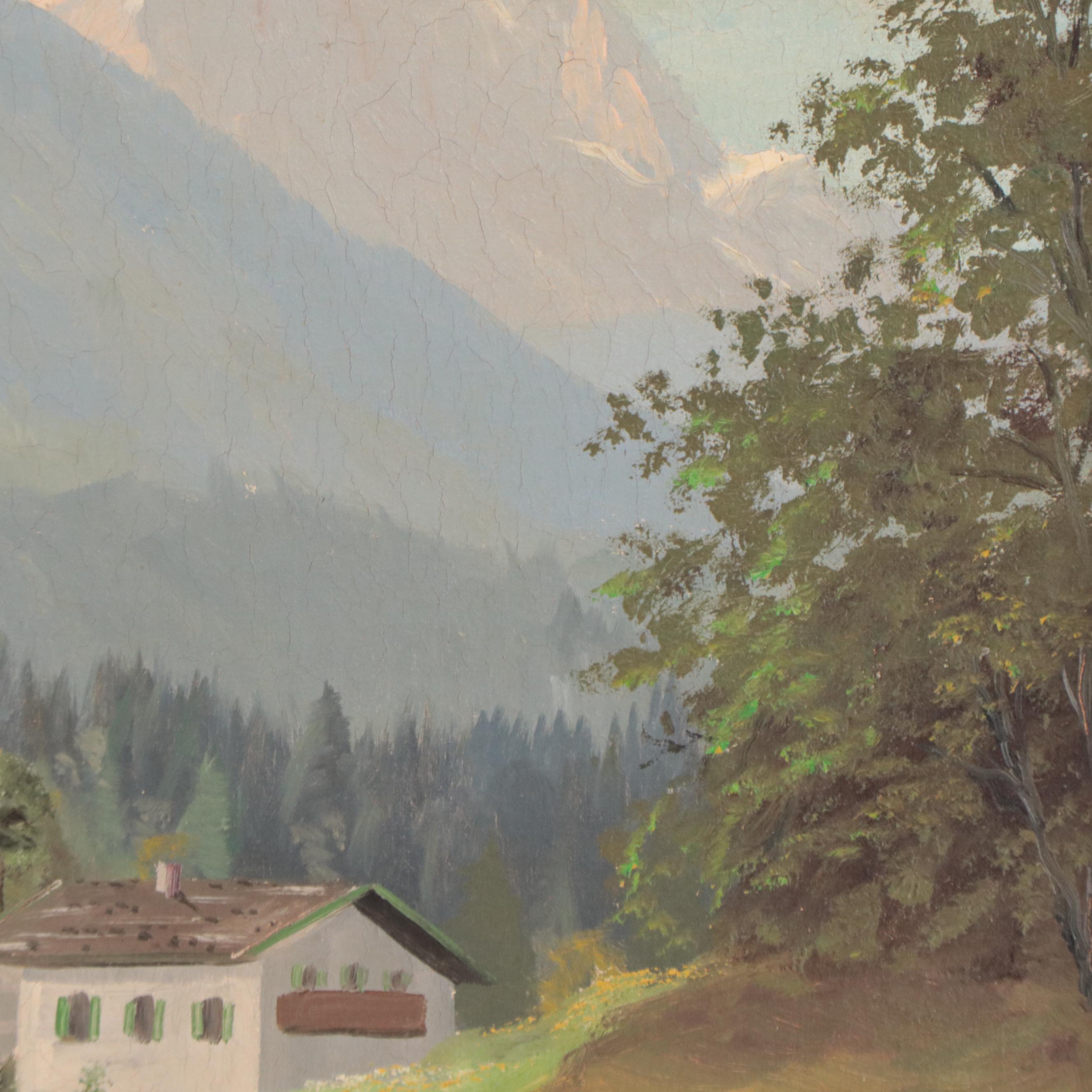 Alpine Village Landscape Oil Painting, Circa 1960