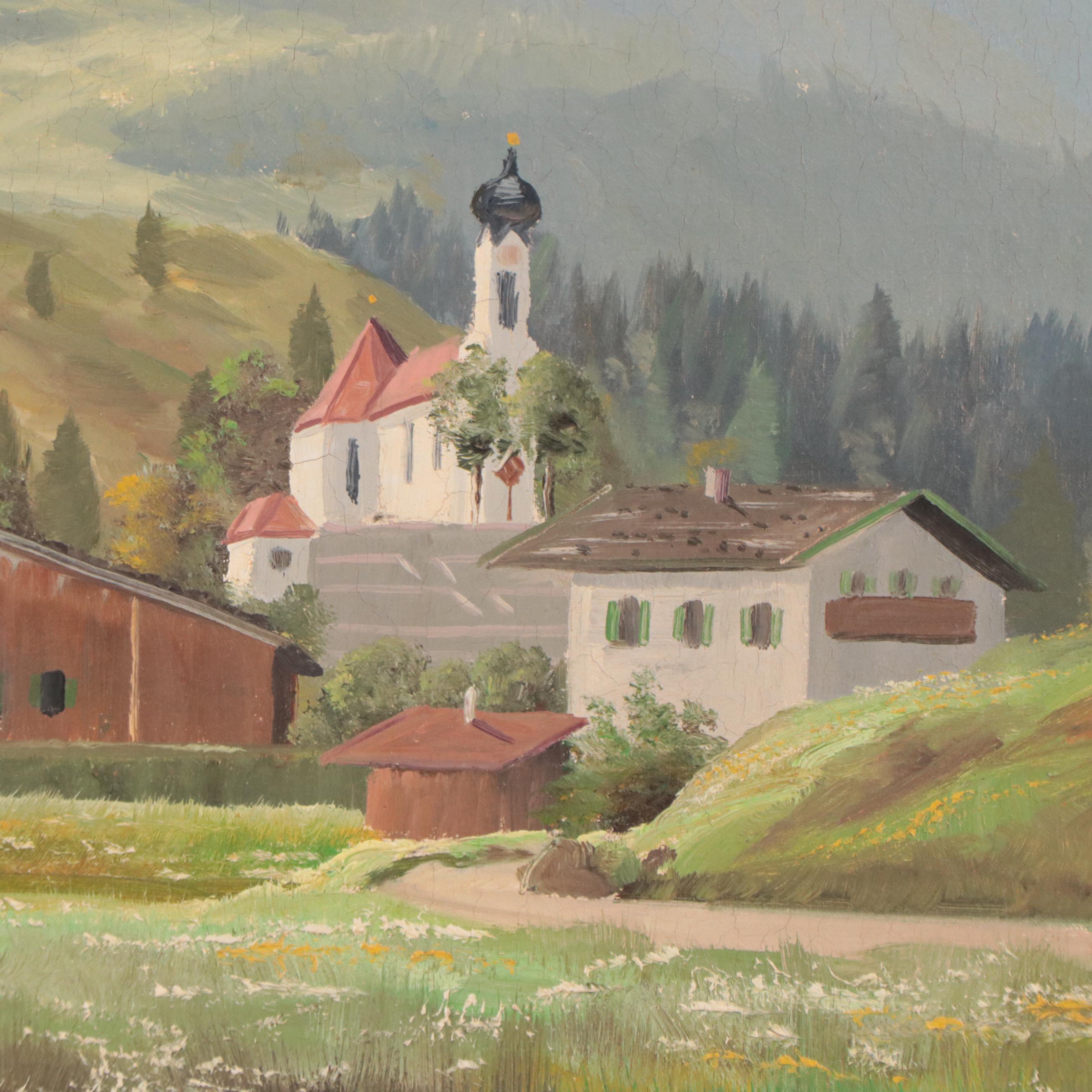Alpine Village Landscape Oil Painting, Circa 1960