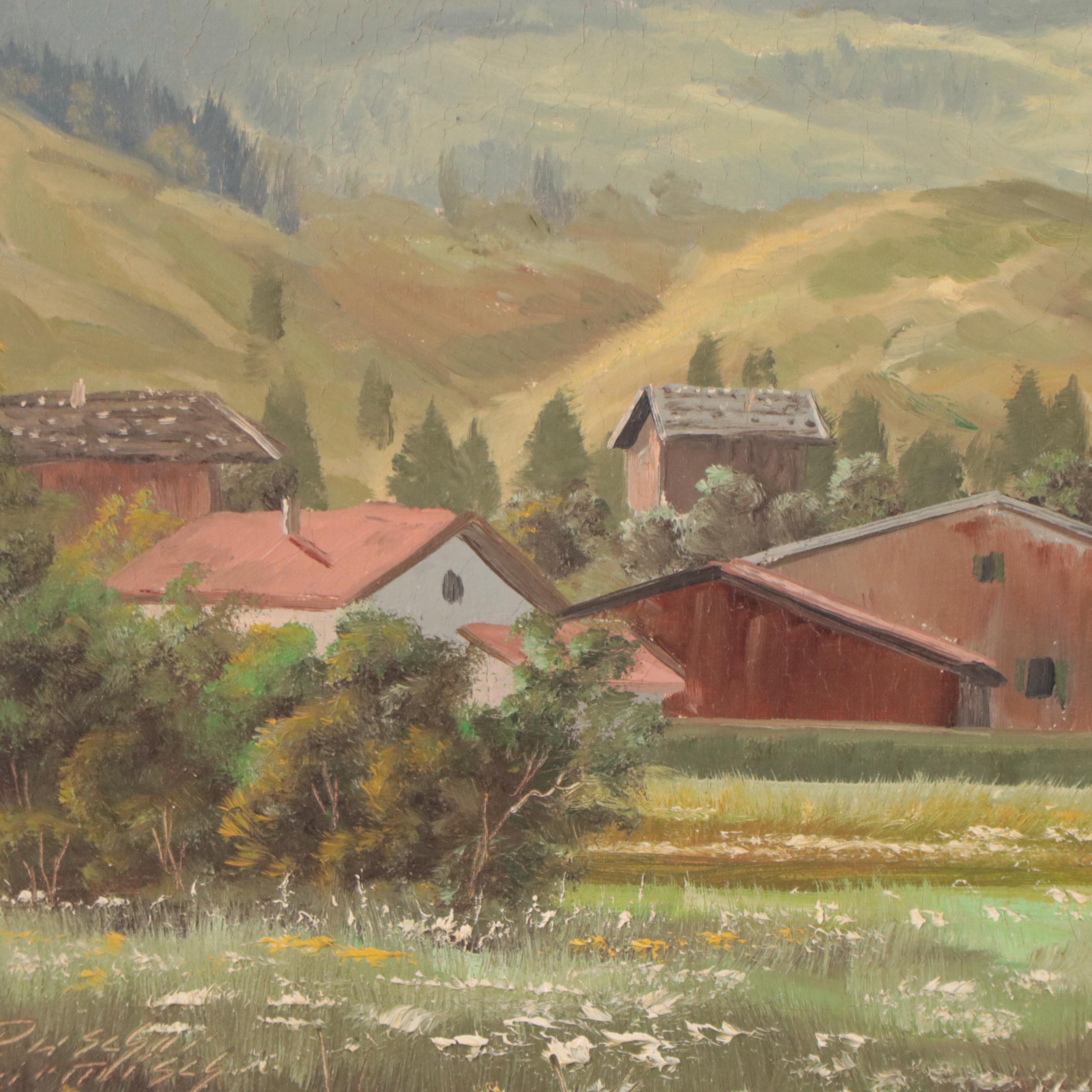 Alpine Village Landscape Oil Painting, Circa 1960