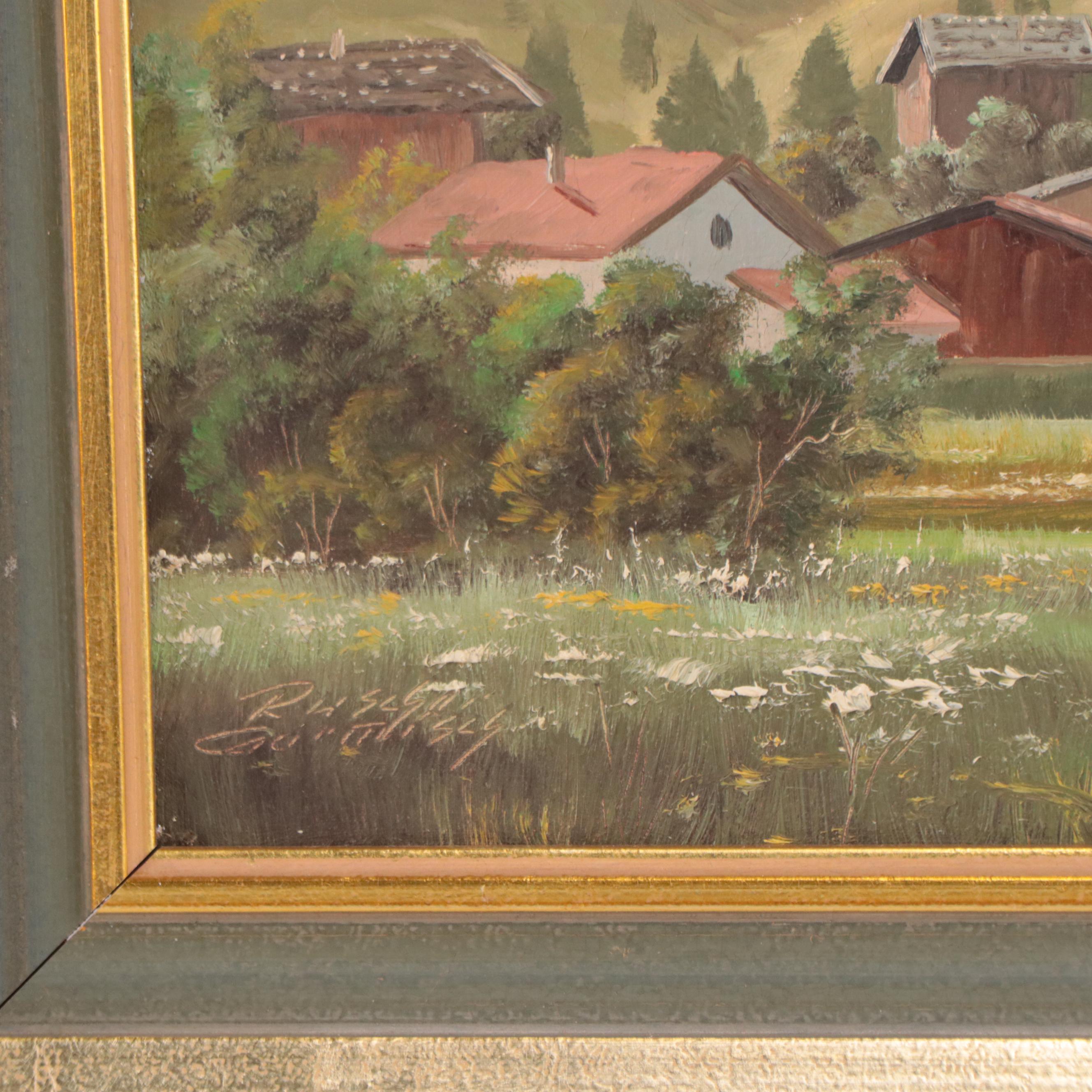 Alpine Village Landscape Oil Painting, Circa 1960