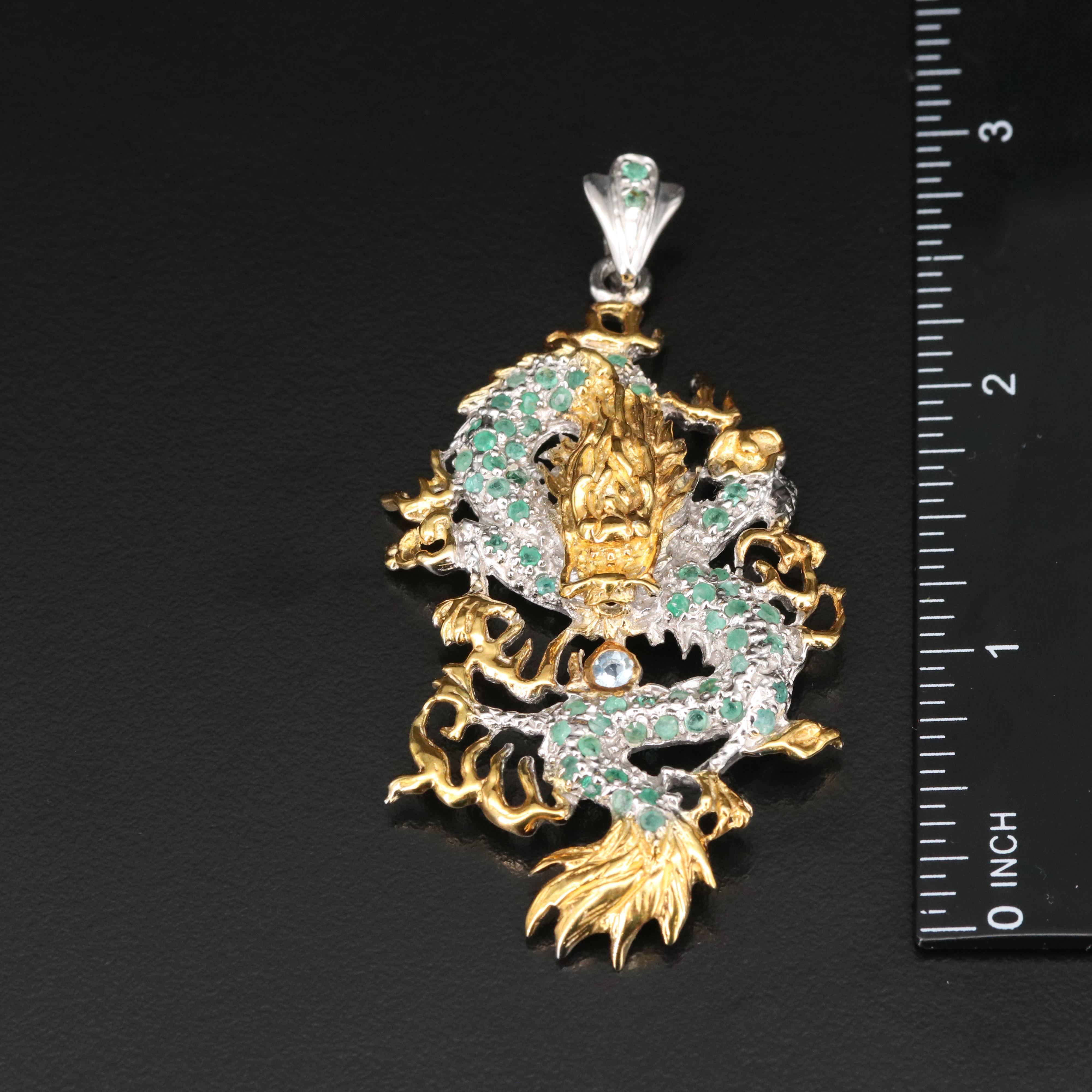 Sterling Aquamarine and Emerald Dragon Brooch
