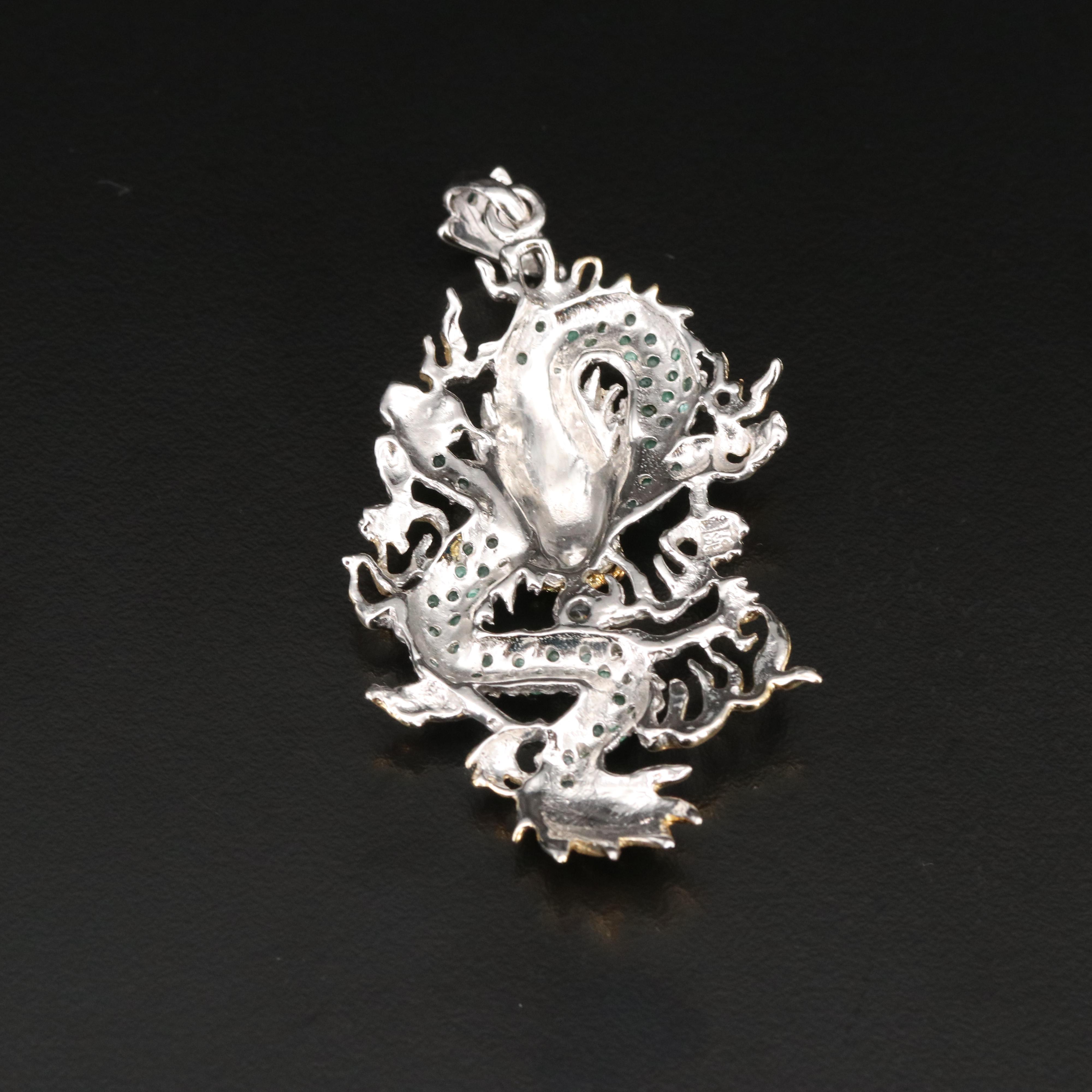 Sterling Aquamarine and Emerald Dragon Brooch