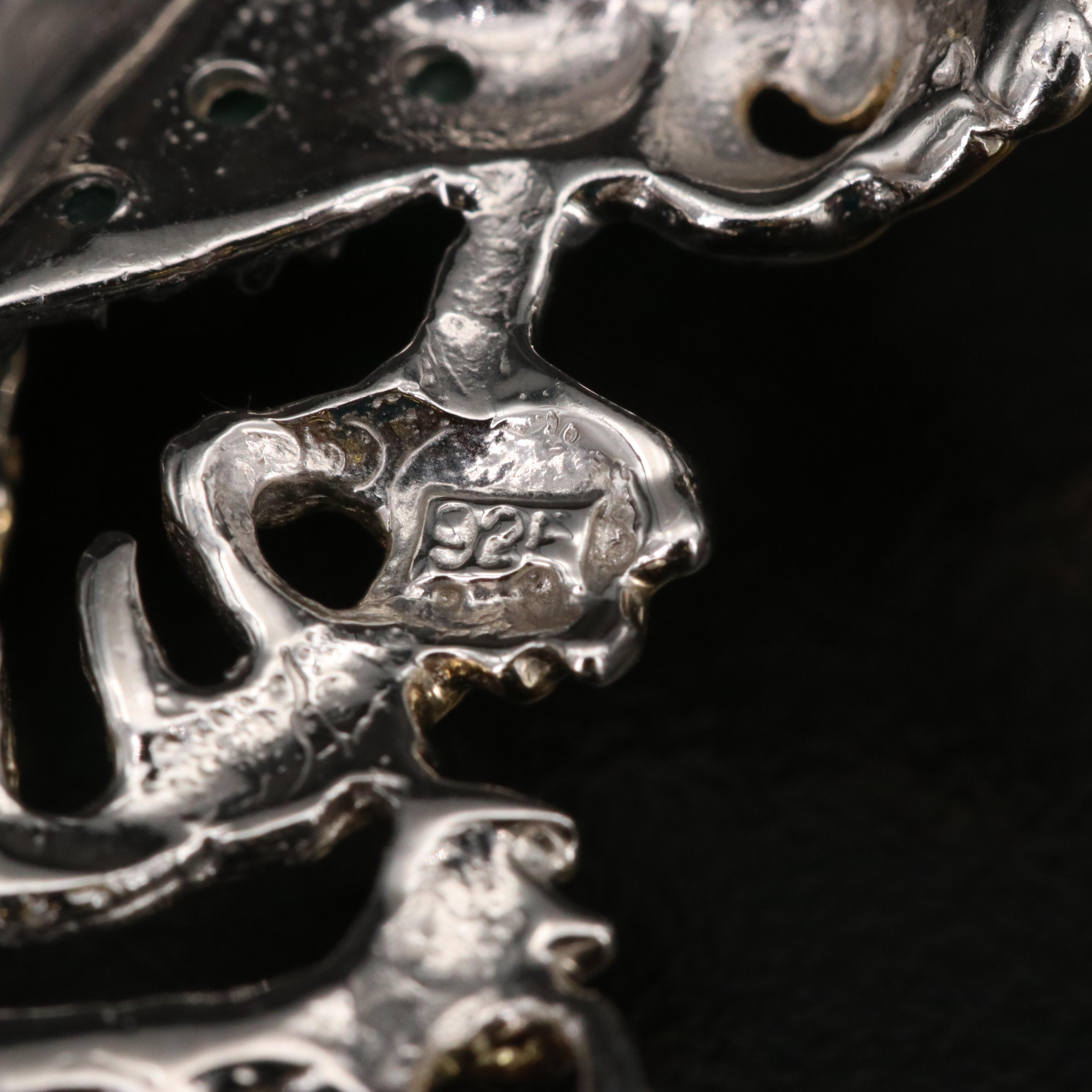 Sterling Aquamarine and Emerald Dragon Brooch