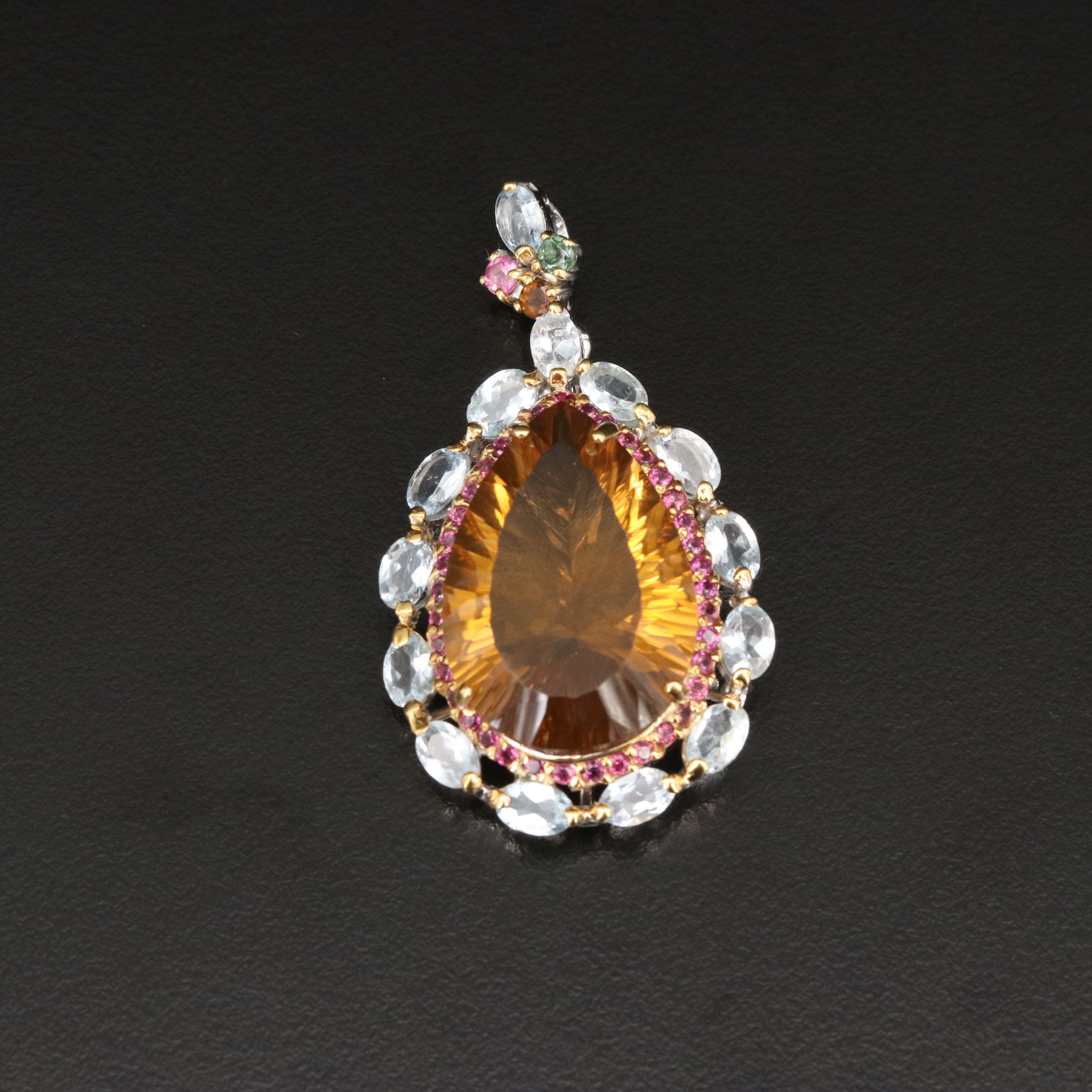Sterling Citrine, Aquamrine and Tourmaline Pear Pendant