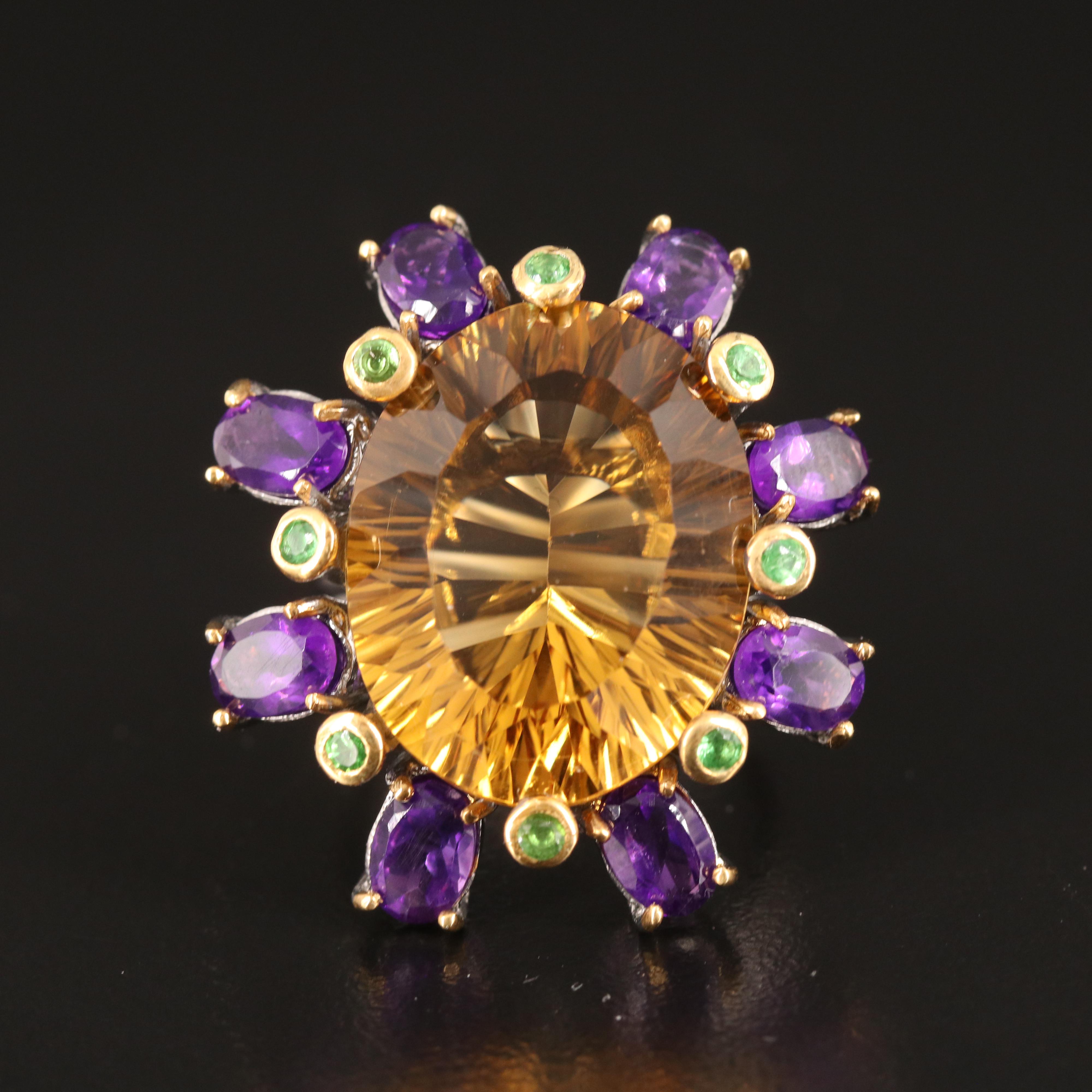Sterling Citrine, Amethyst and Tsavorite Ring