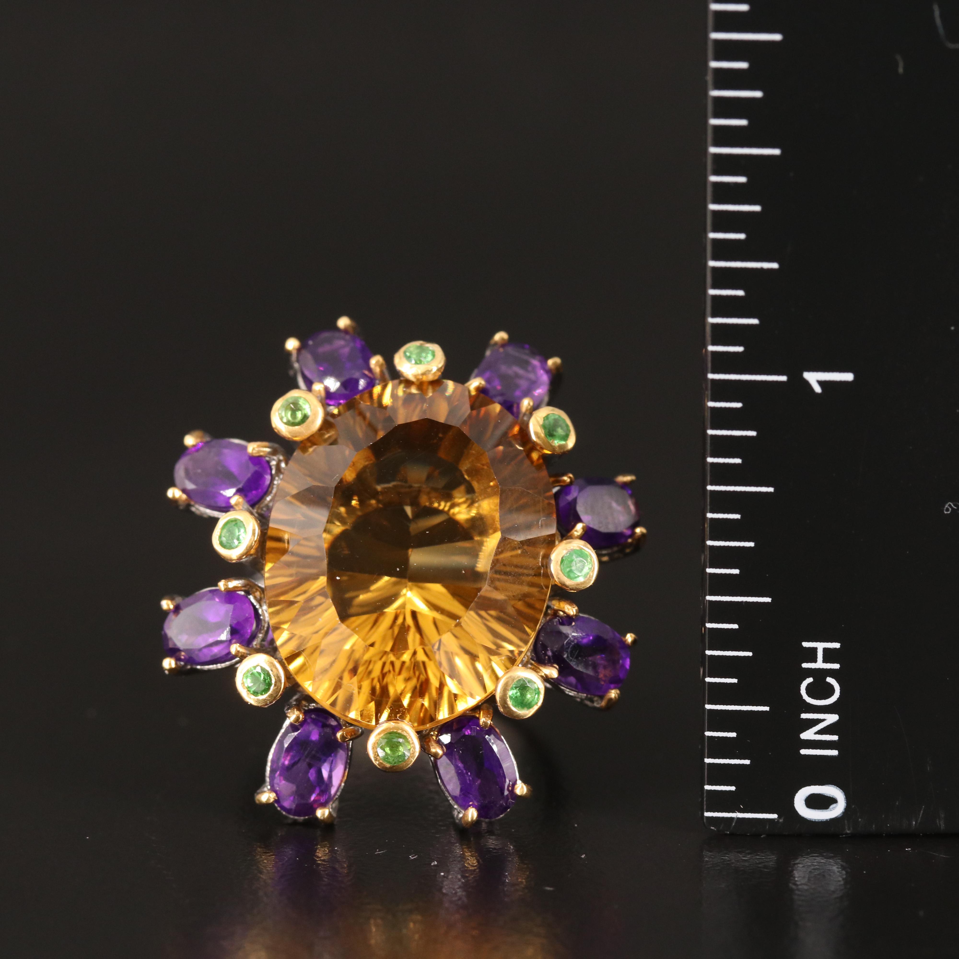 Sterling Citrine, Amethyst and Tsavorite Ring