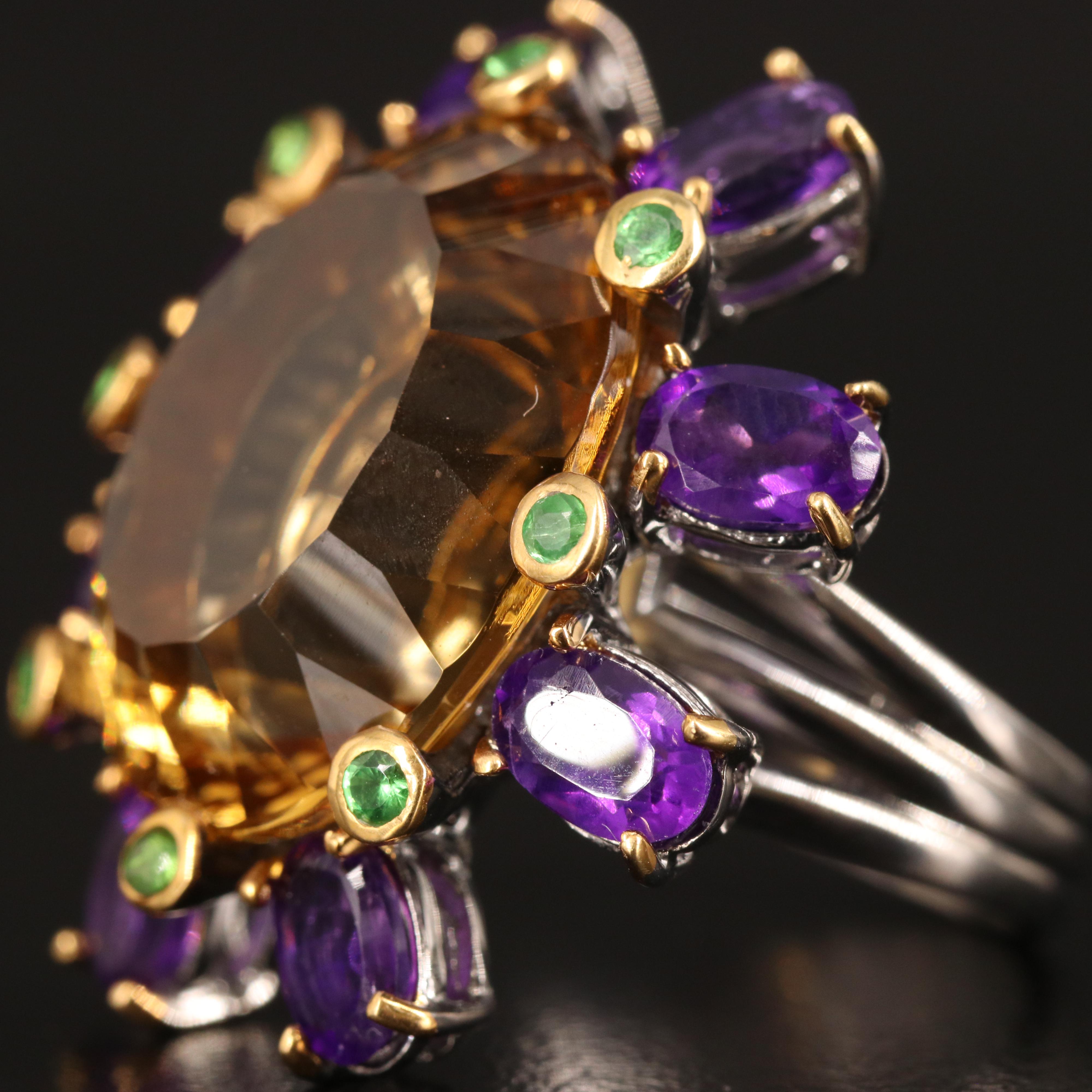 Sterling Citrine, Amethyst and Tsavorite Ring