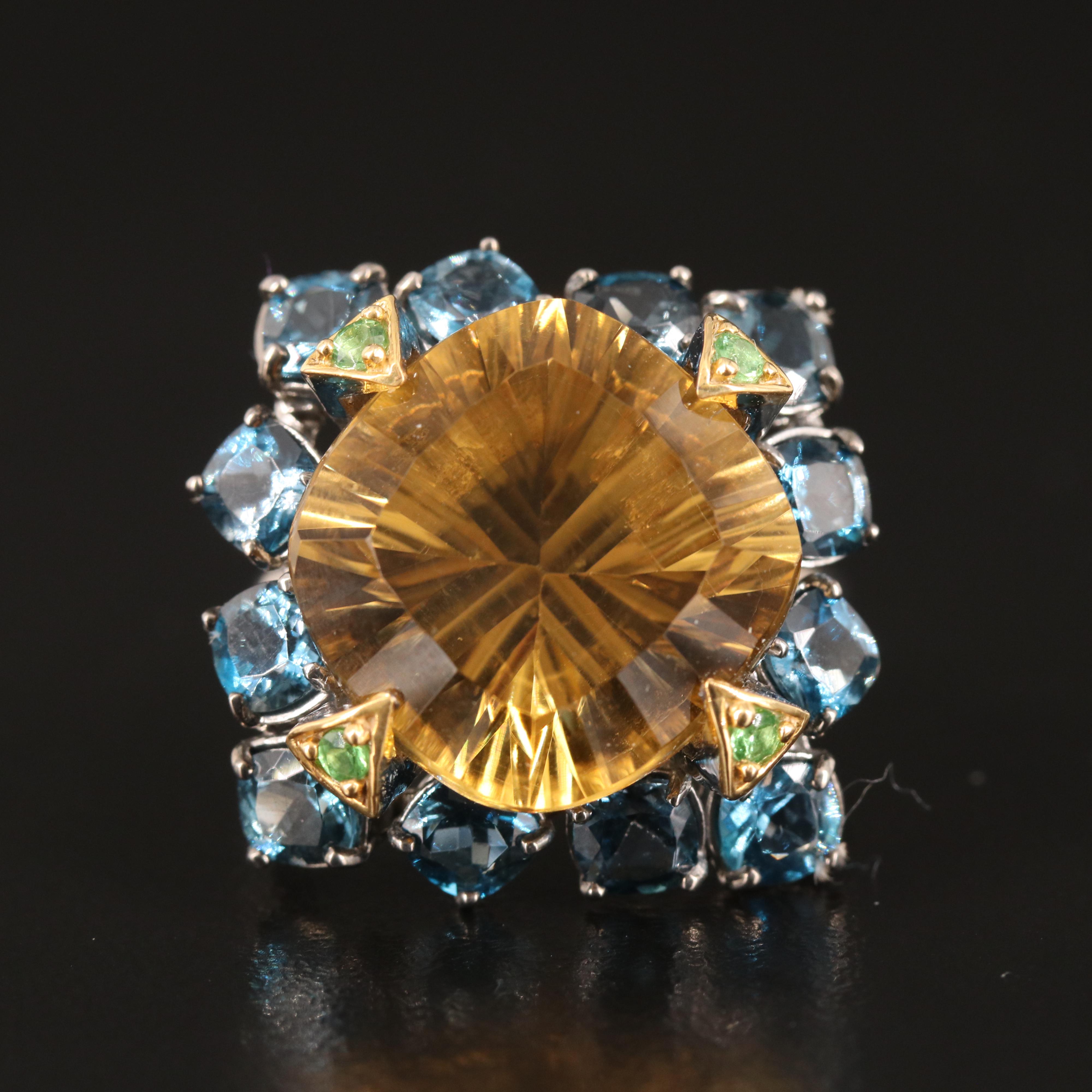 Sterling Citrine, Topaz and Tsavorite Ring