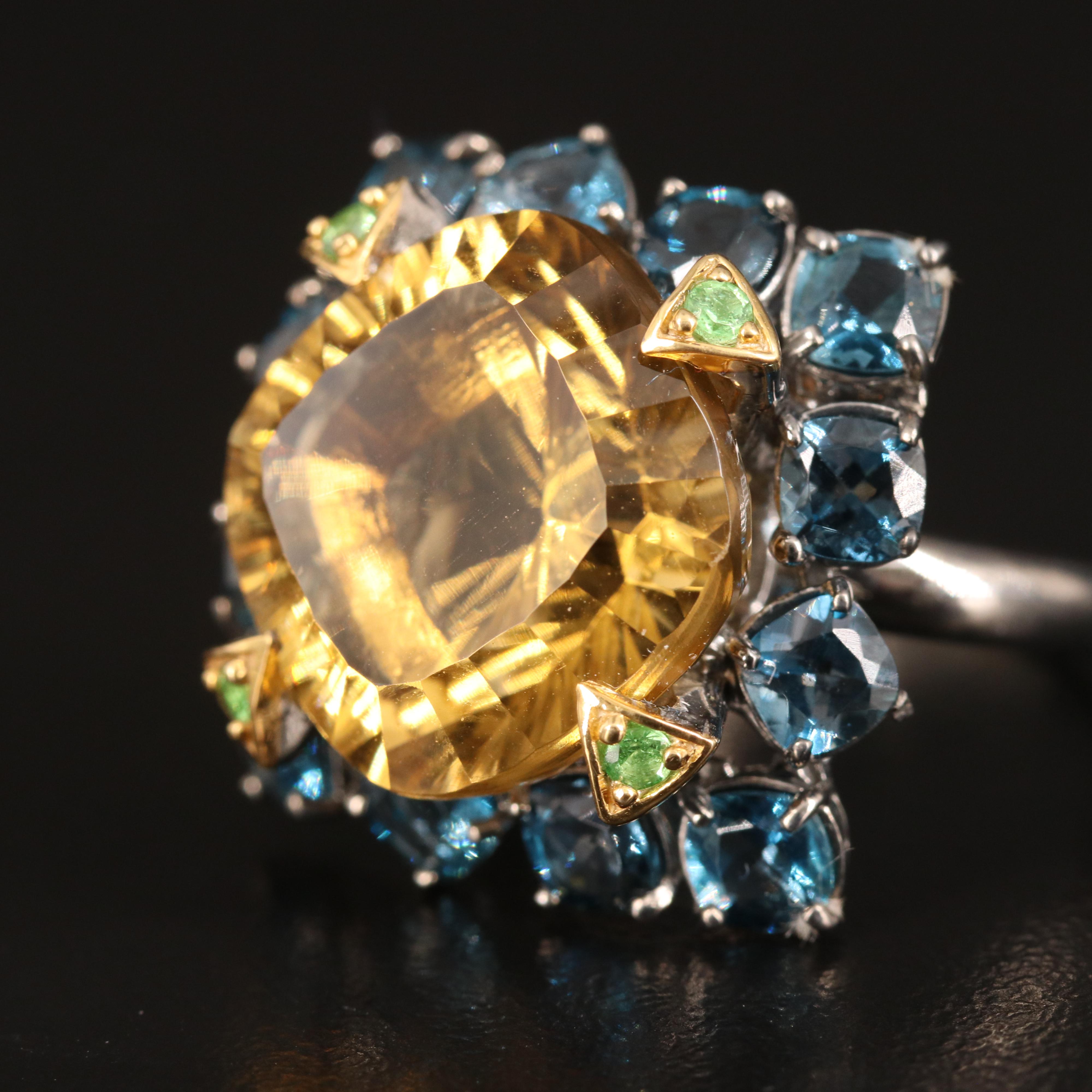 Sterling Citrine, Topaz and Tsavorite Ring