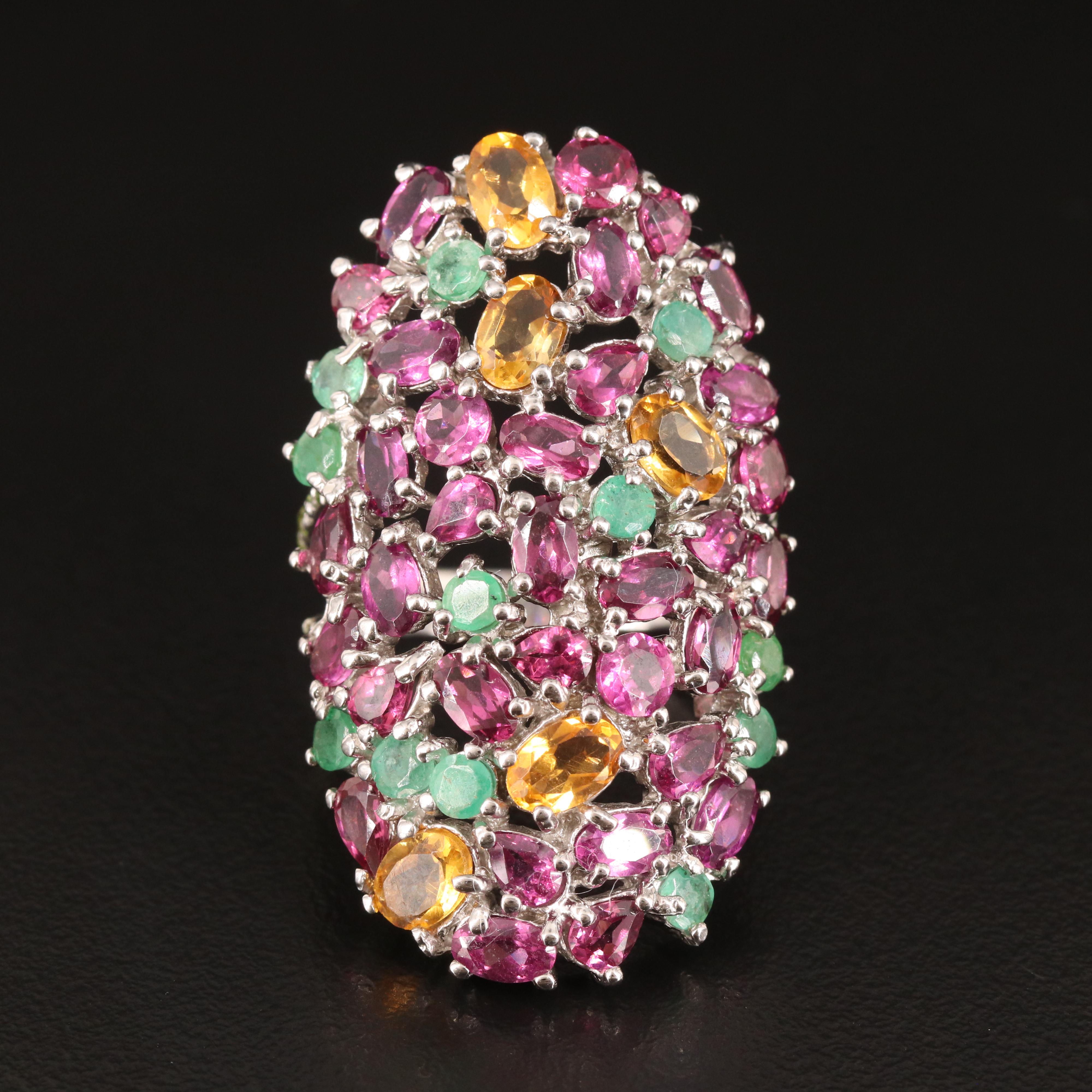 Sterling Rhodolite Garnet, Citrine and Emerald Ring