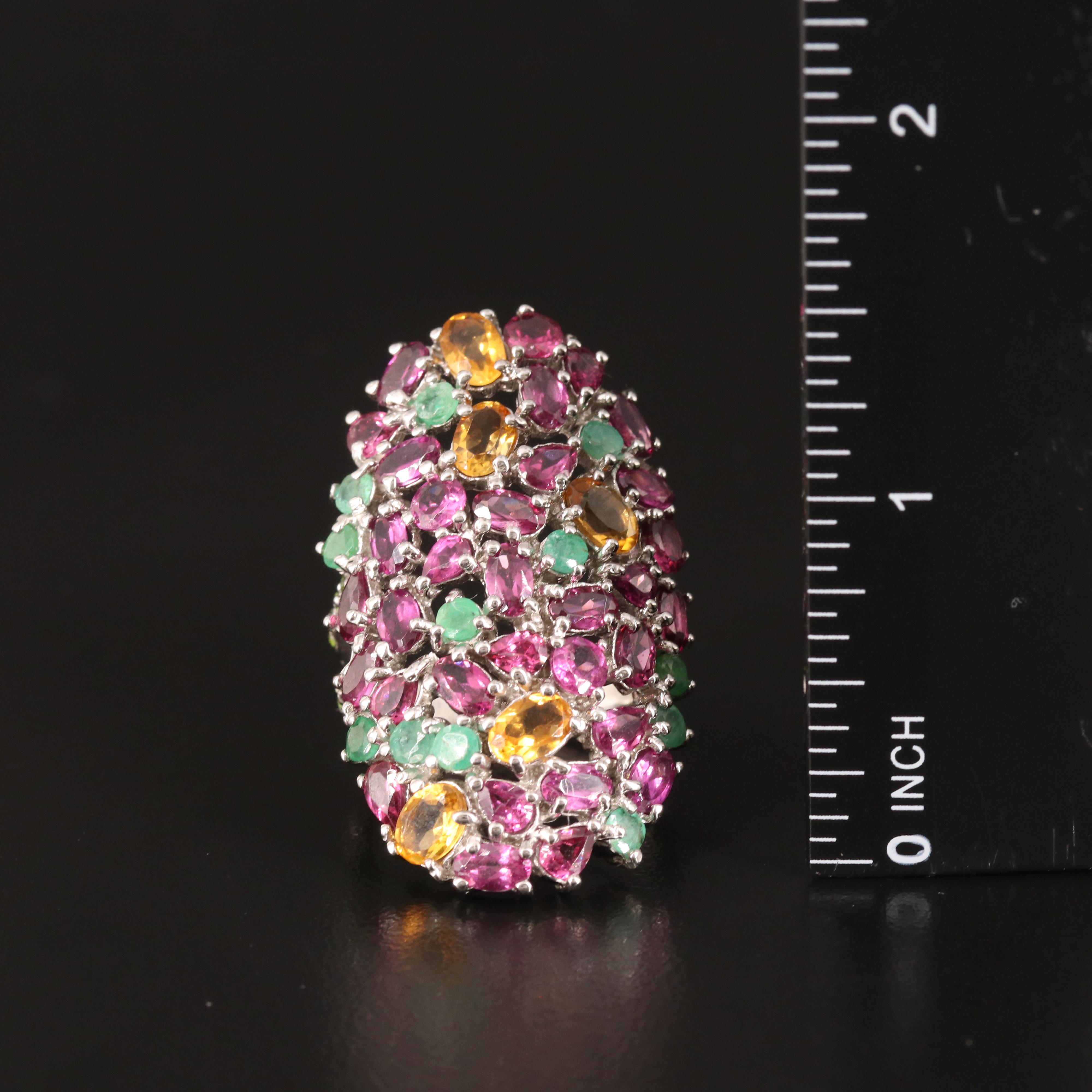 Sterling Rhodolite Garnet, Citrine and Emerald Ring